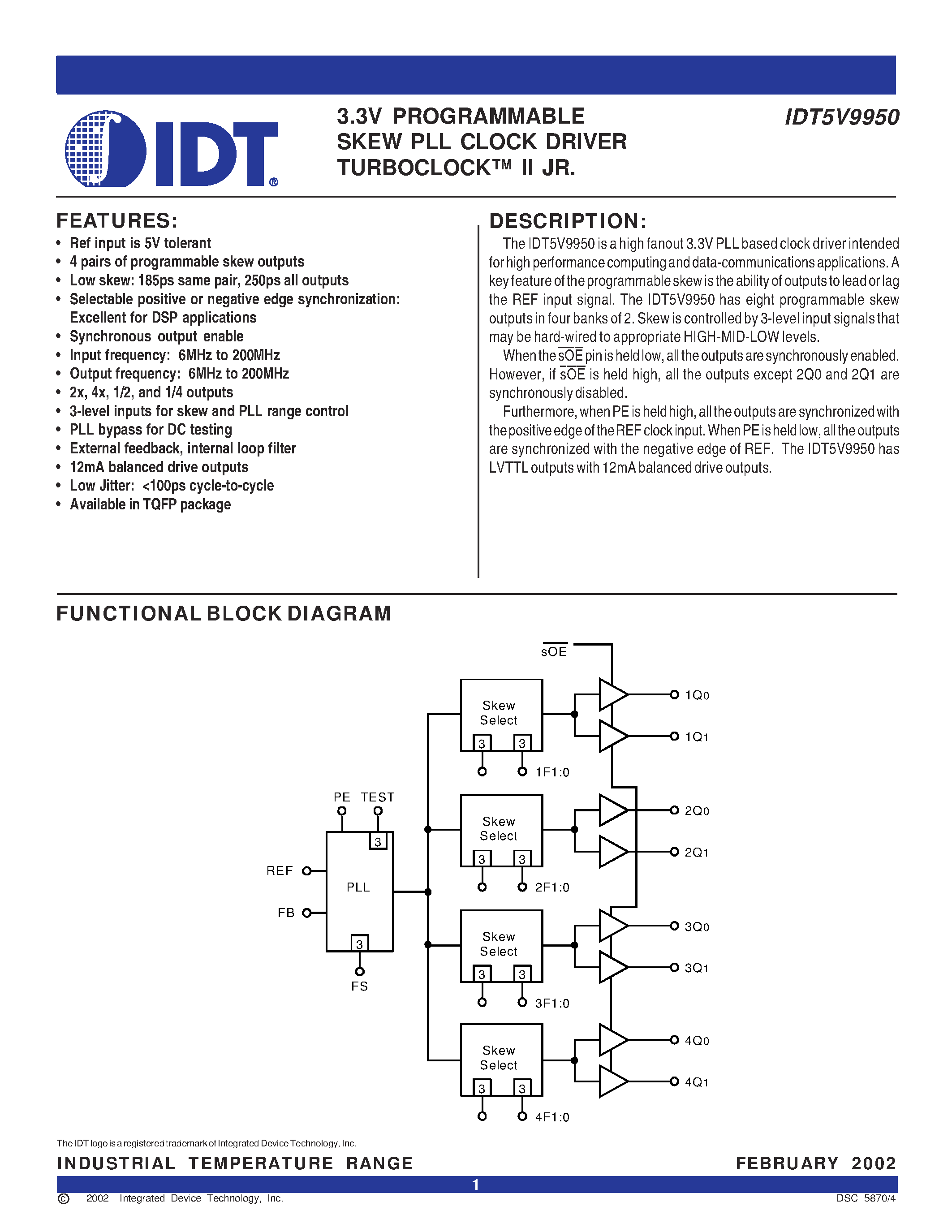 Datasheet IDT5V9950PFI page 1 Datasheet IDT5V9950PFI - 3.3V PROGRAMMABLE SKEW PLL CLOCK DRIVER TURBOCLOCK page 1