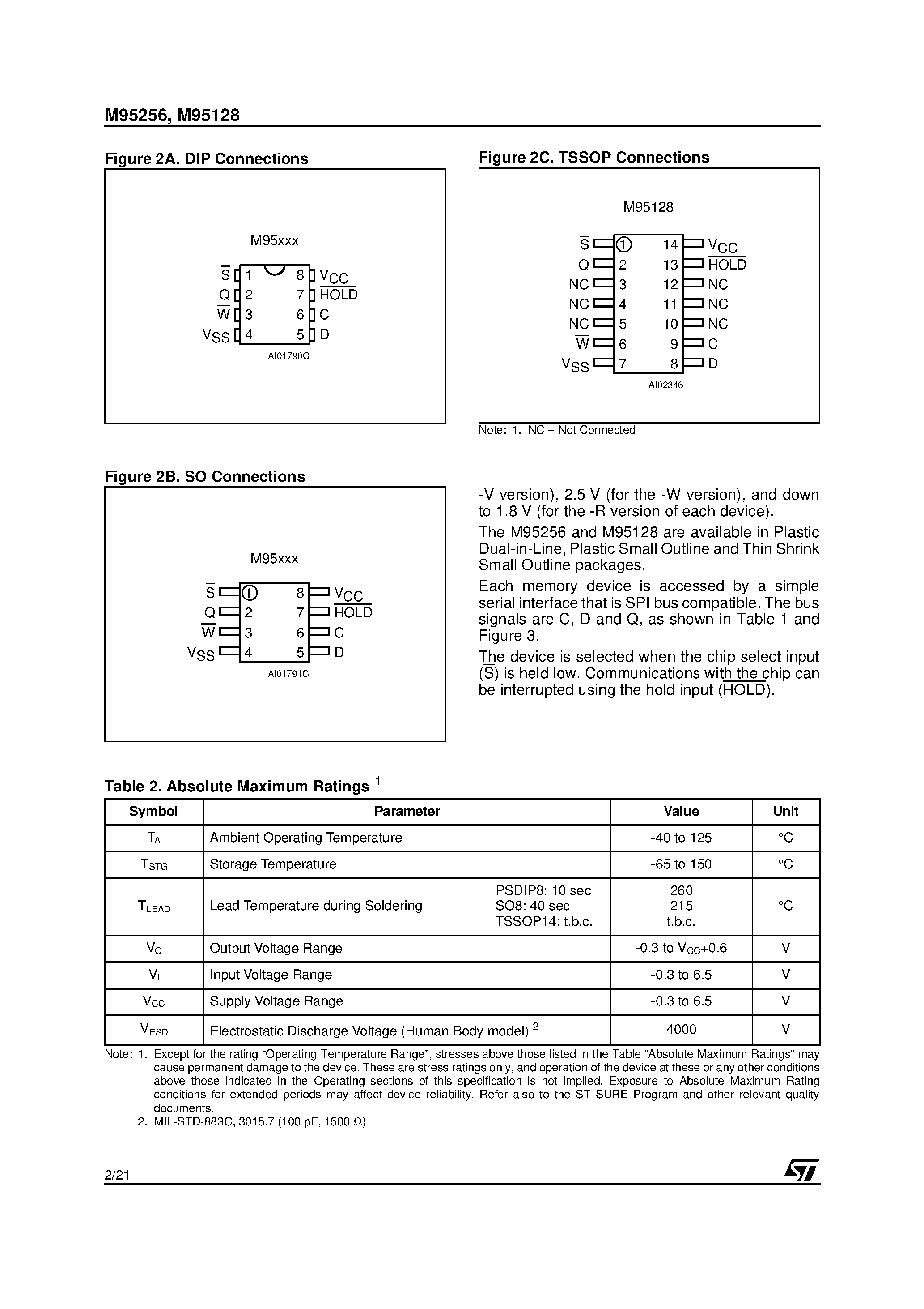Datasheet M95256-WDL5T page 2 Datasheet M95256-WDL5T - 256/128 Kbit Serial SPI Bus EEPROM With High Speed Clock page 2