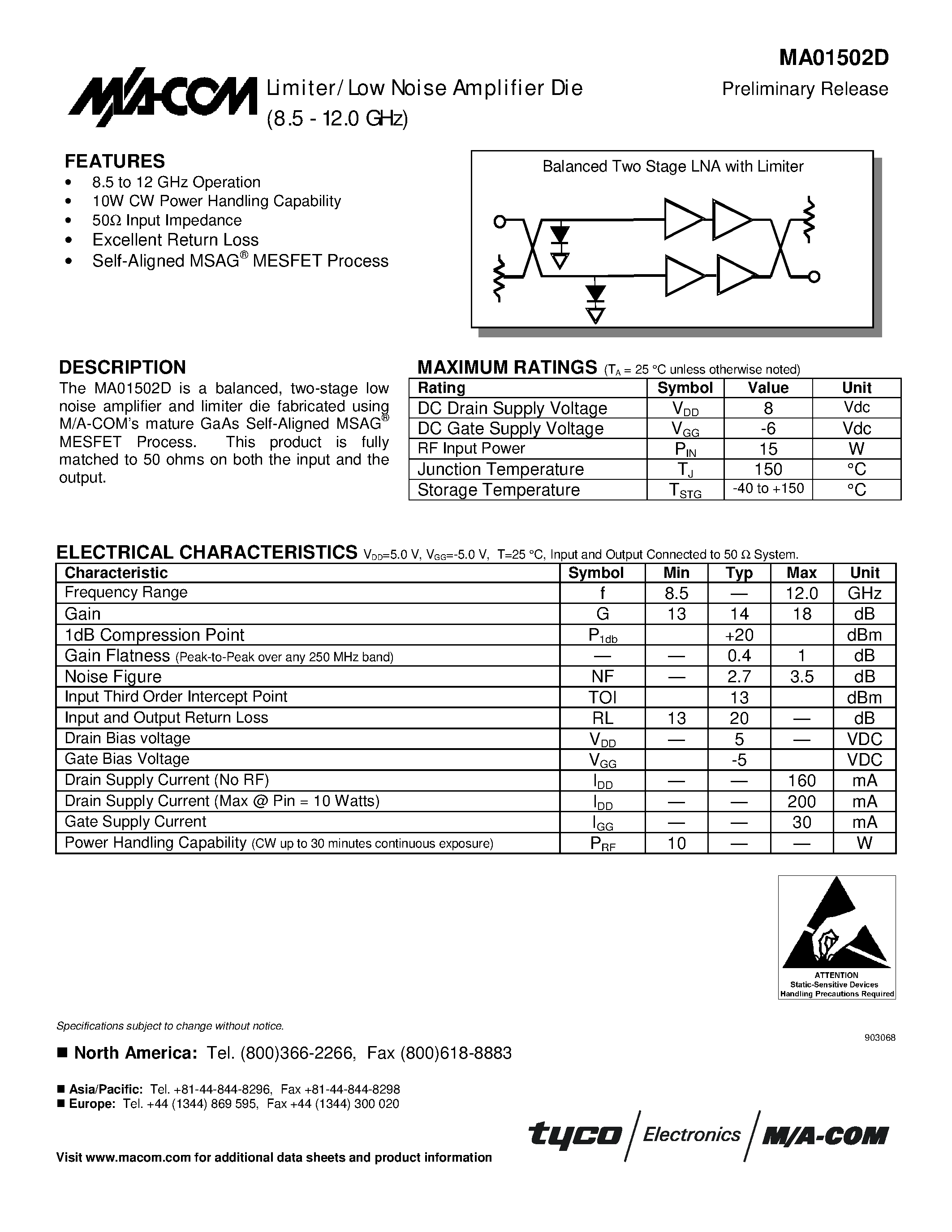 Datasheet MA01502D page 1 Datasheet MA01502D - Limiter/Low Noise Amplifier Die Preliminary Release 8.5 - 12.0 GHz page 1