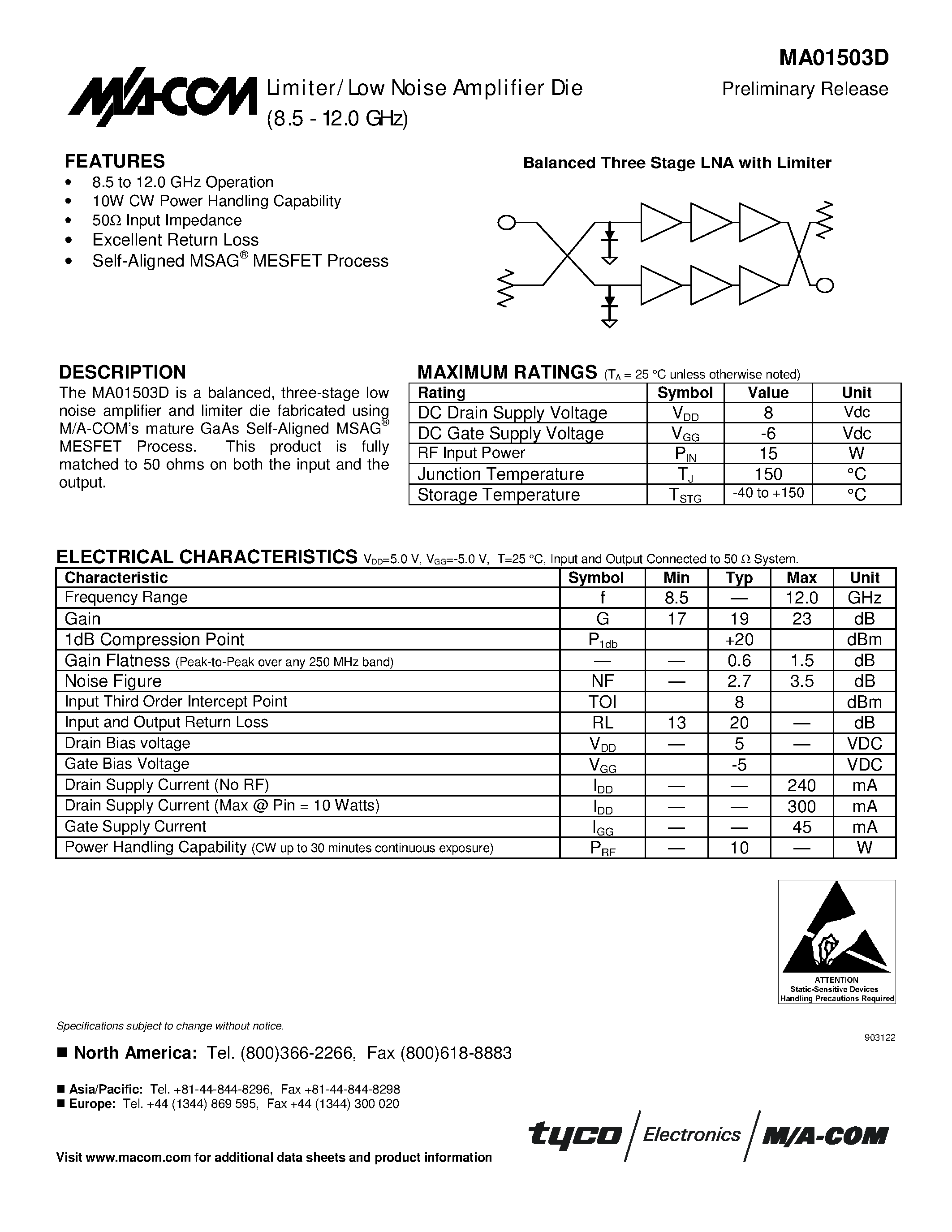 Datasheet MA01503D page 1 Datasheet MA01503D - Limiter/Low Noise Amplifier Die Preliminary Release 8.5 - 12.0 GHz page 1