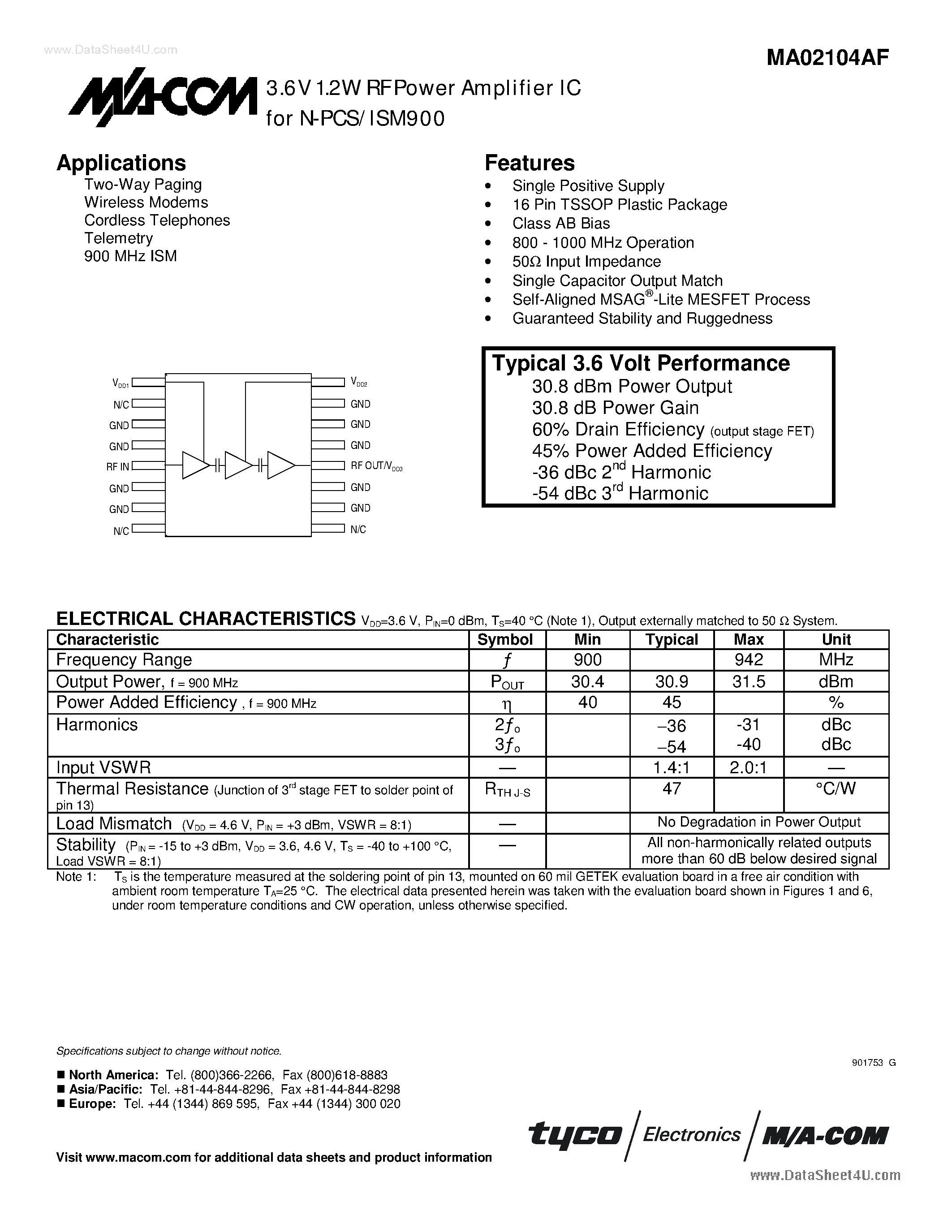 Datasheet MA02104AF - 3.6V 1.2W RF Power Amplifier IC for N-PCS/ISM900 page 1