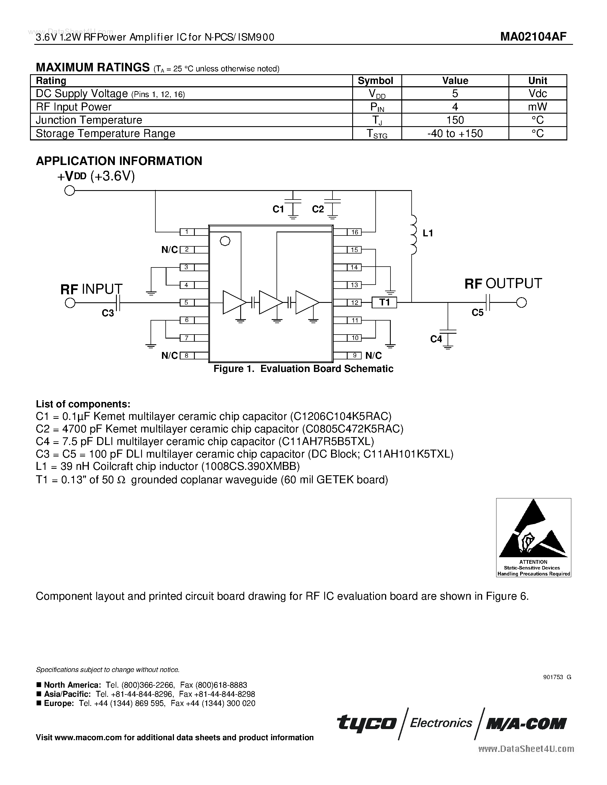Datasheet MA02104AF - 3.6V 1.2W RF Power Amplifier IC for N-PCS/ISM900 page 2