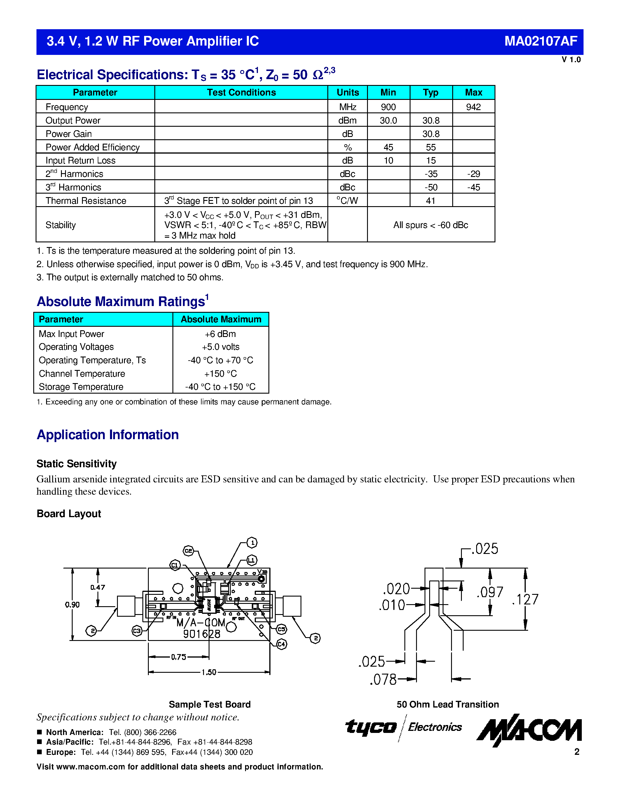 Datasheet MA02107AF-R7 - 3.4 V / 1.2 W RF Power Amplifier IC page 2