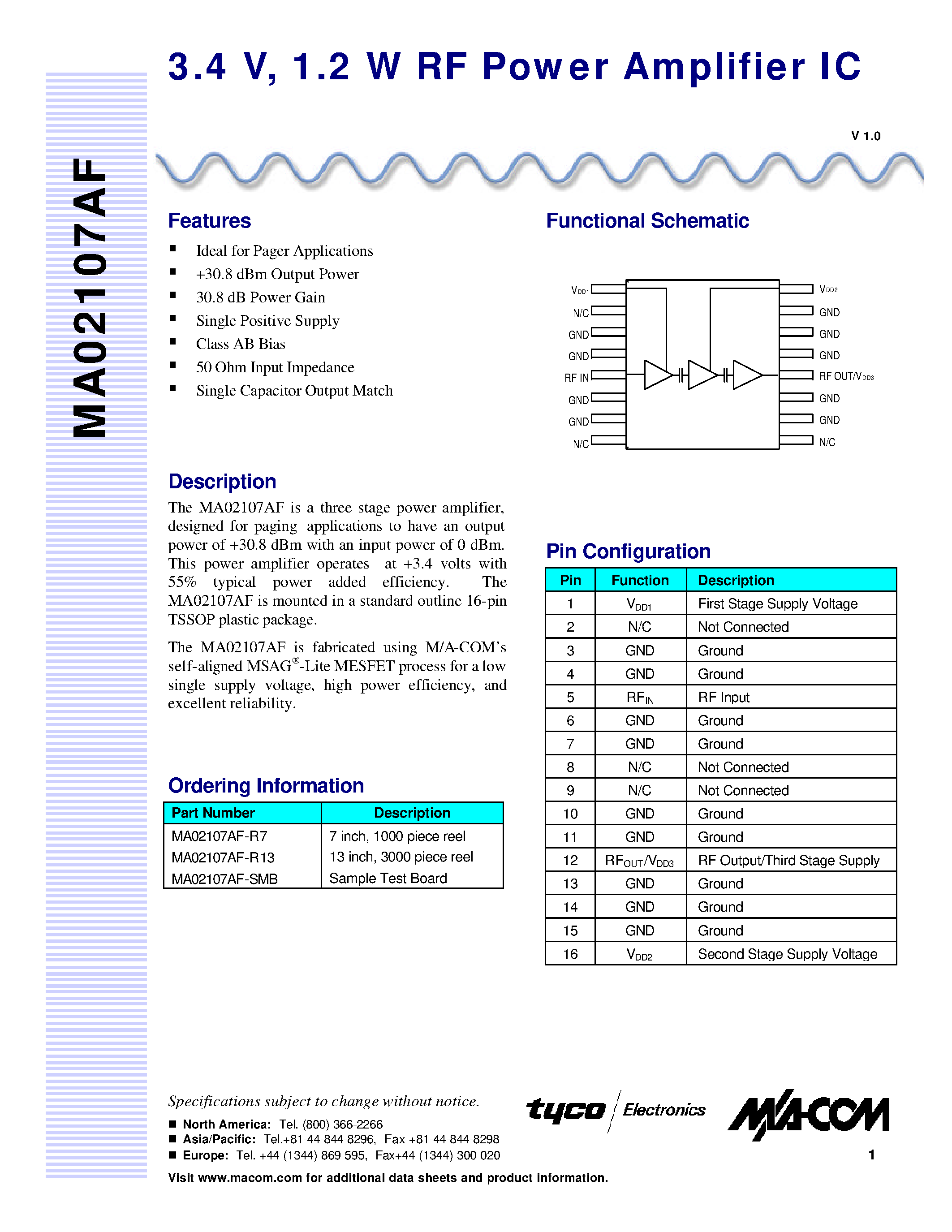 Даташит MA02107AF-SMB - 3.4 V / 1.2 W RF Power Amplifier IC страница 1