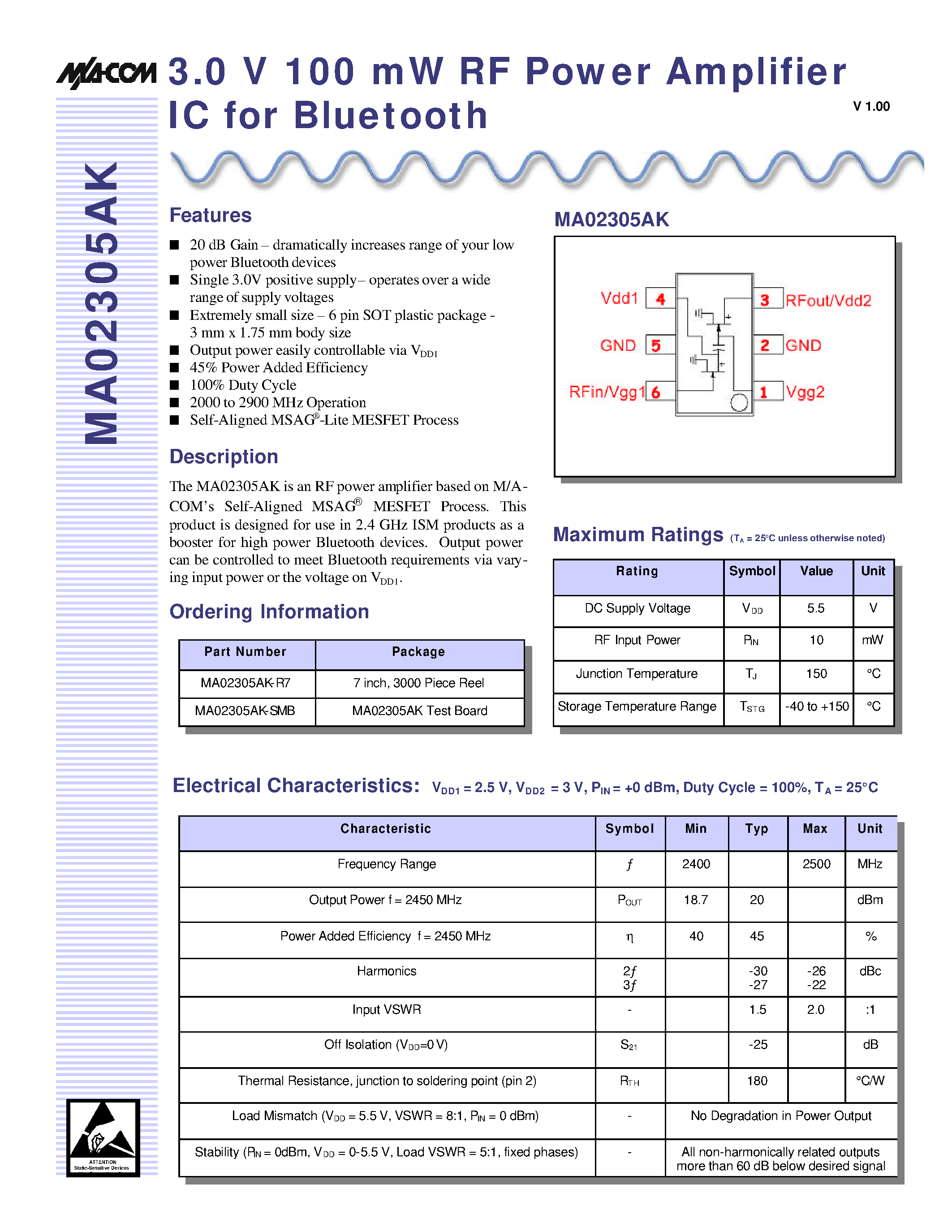 Даташит MA02305AK-R7 - 3.0 V 100 mW RF Power Amplifier IC for Bluetooth страница 1