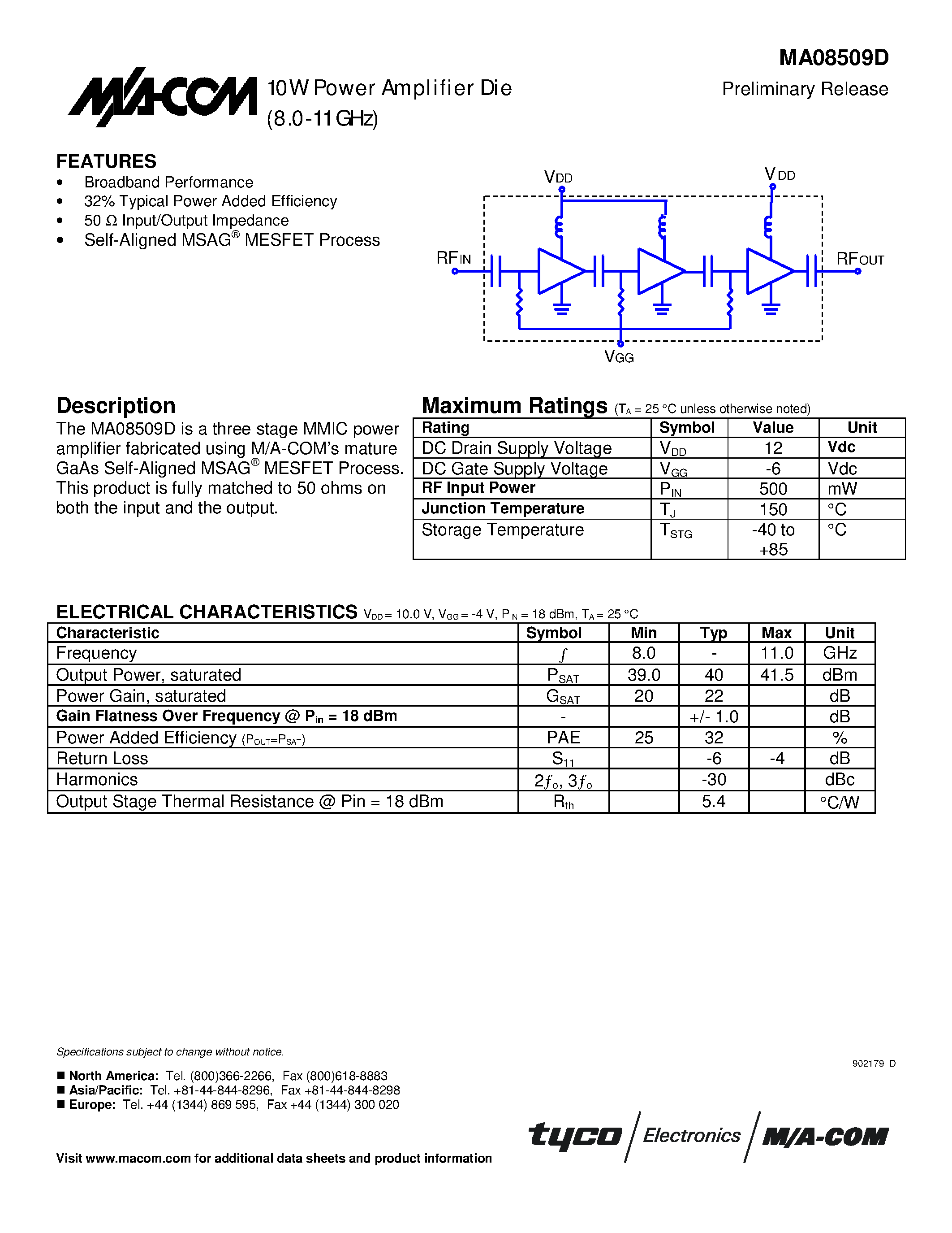 Datasheet MA08509D page 1 Datasheet MA08509D - 10W Power Amplifier Die Preliminary Release 8.0-11 GHz page 1