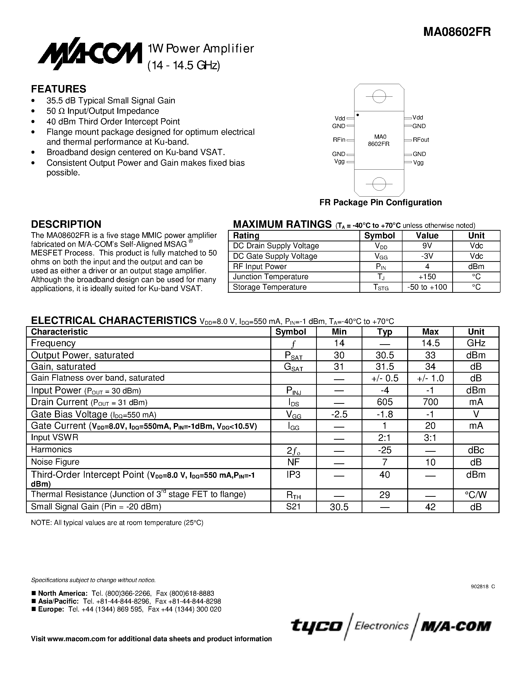 Datasheet MA08602FR - 1W Power Amplifier 14 - 14.5 GHz page 1