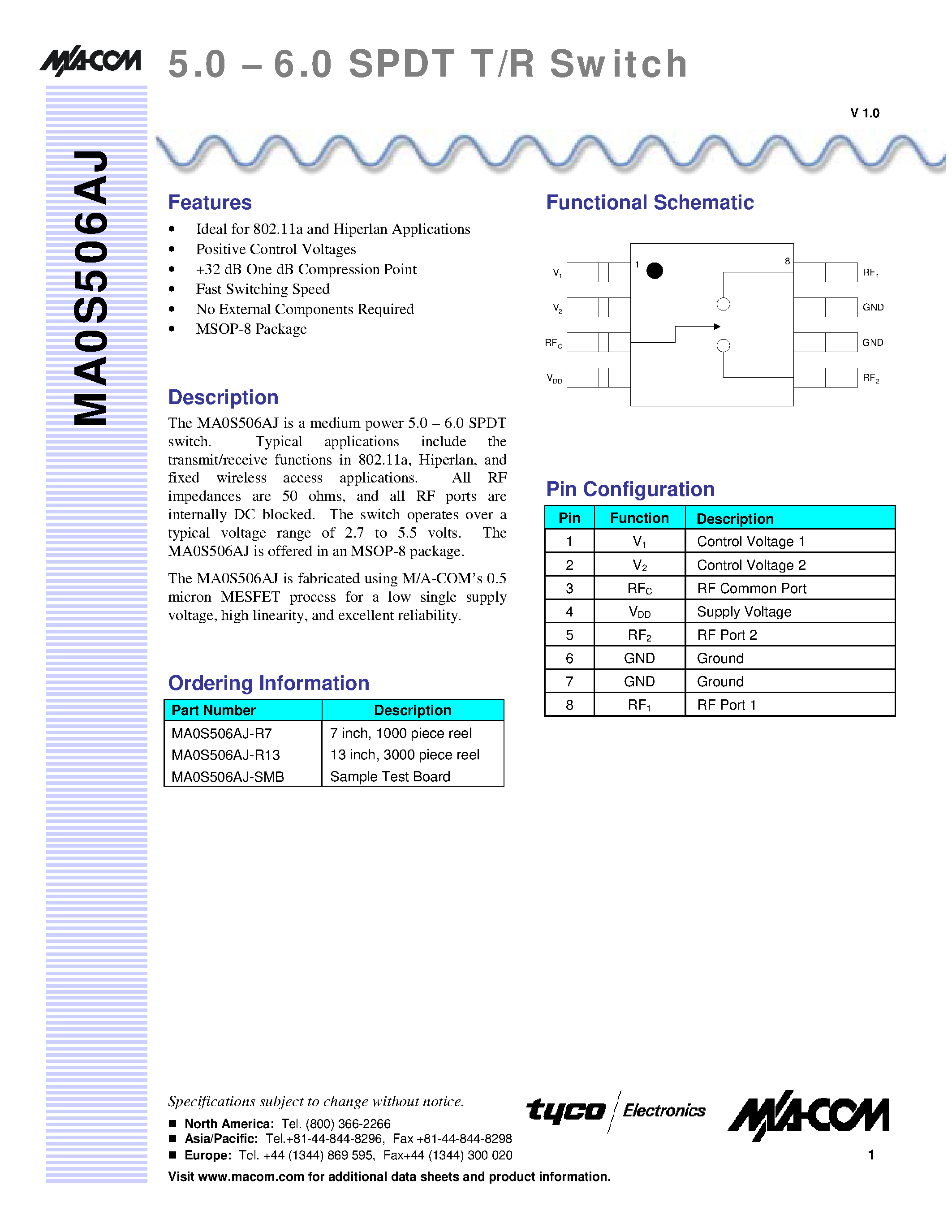 Datasheet MA0S506AJ-R7 page 1 Datasheet MA0S506AJ-R7 - 5.0 - 6.0 SPDT T/R Switch page 1