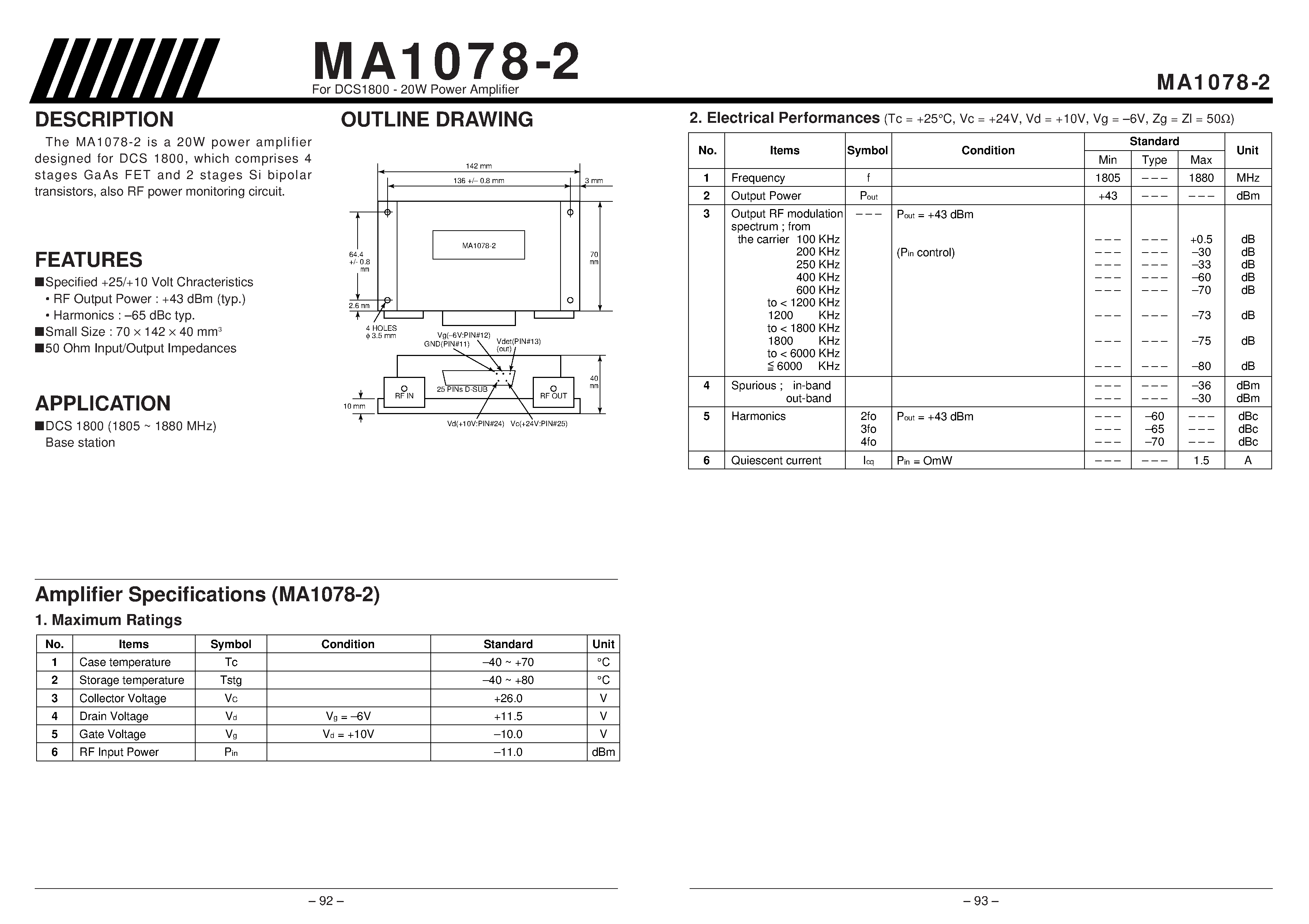 Datasheet MA1078-2 - For DCS1800 - 20W Power Amplifier page 1