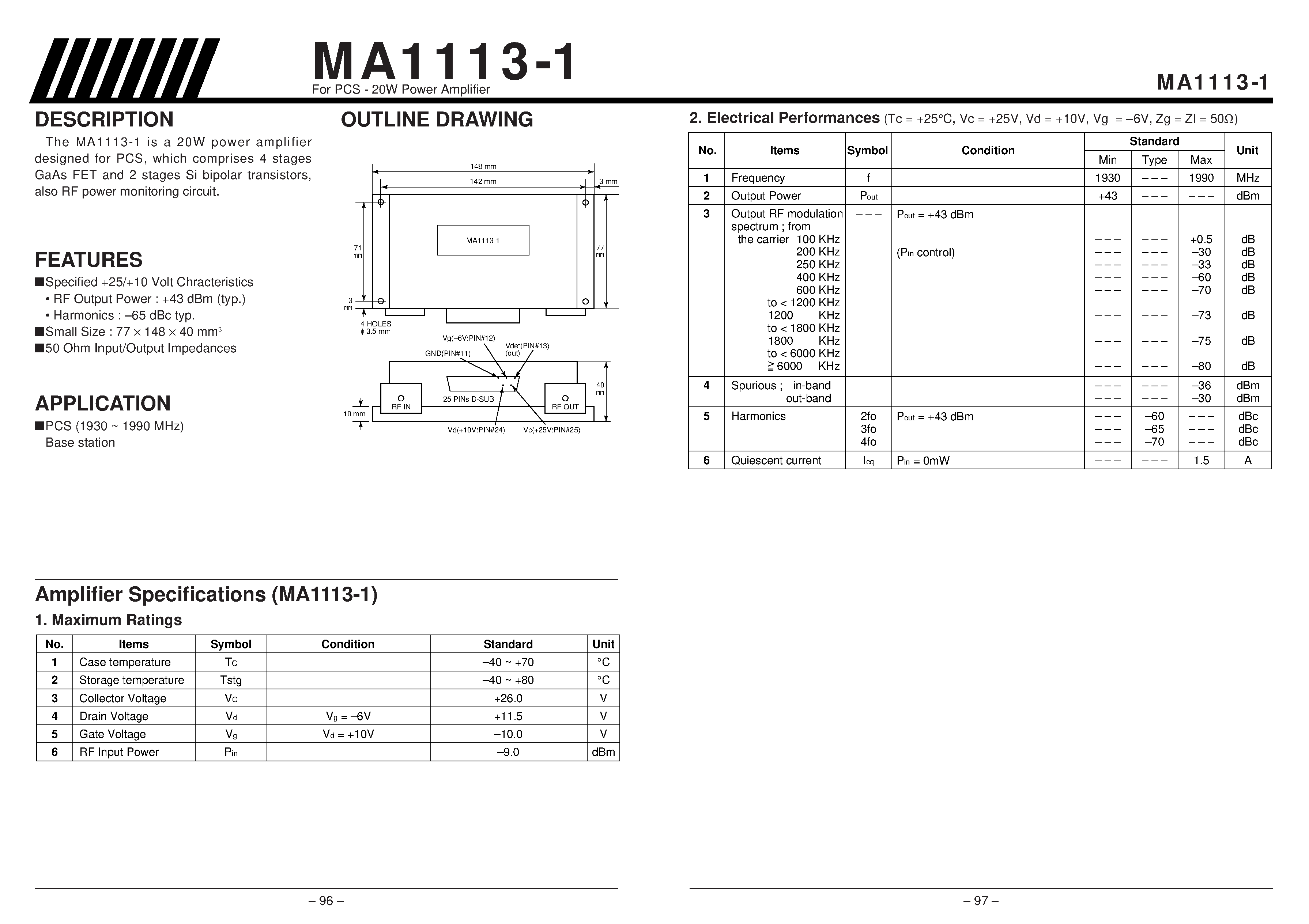 Даташит MA1113-1 - For PCS - 20W Power Amplifier страница 1