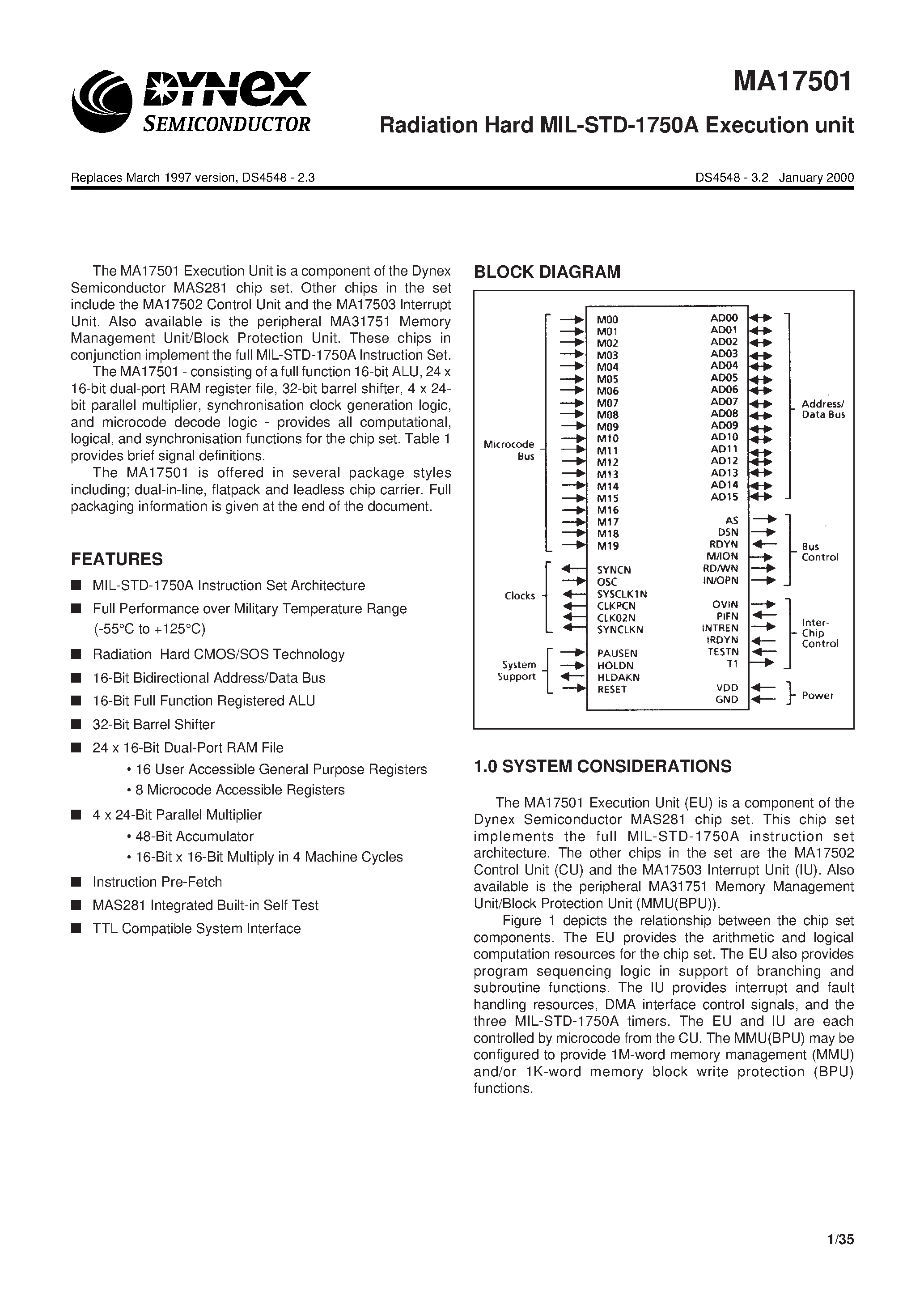 Datasheet MA17501 - Radiation Hard MIL-STD-1750A Execution unit page 1