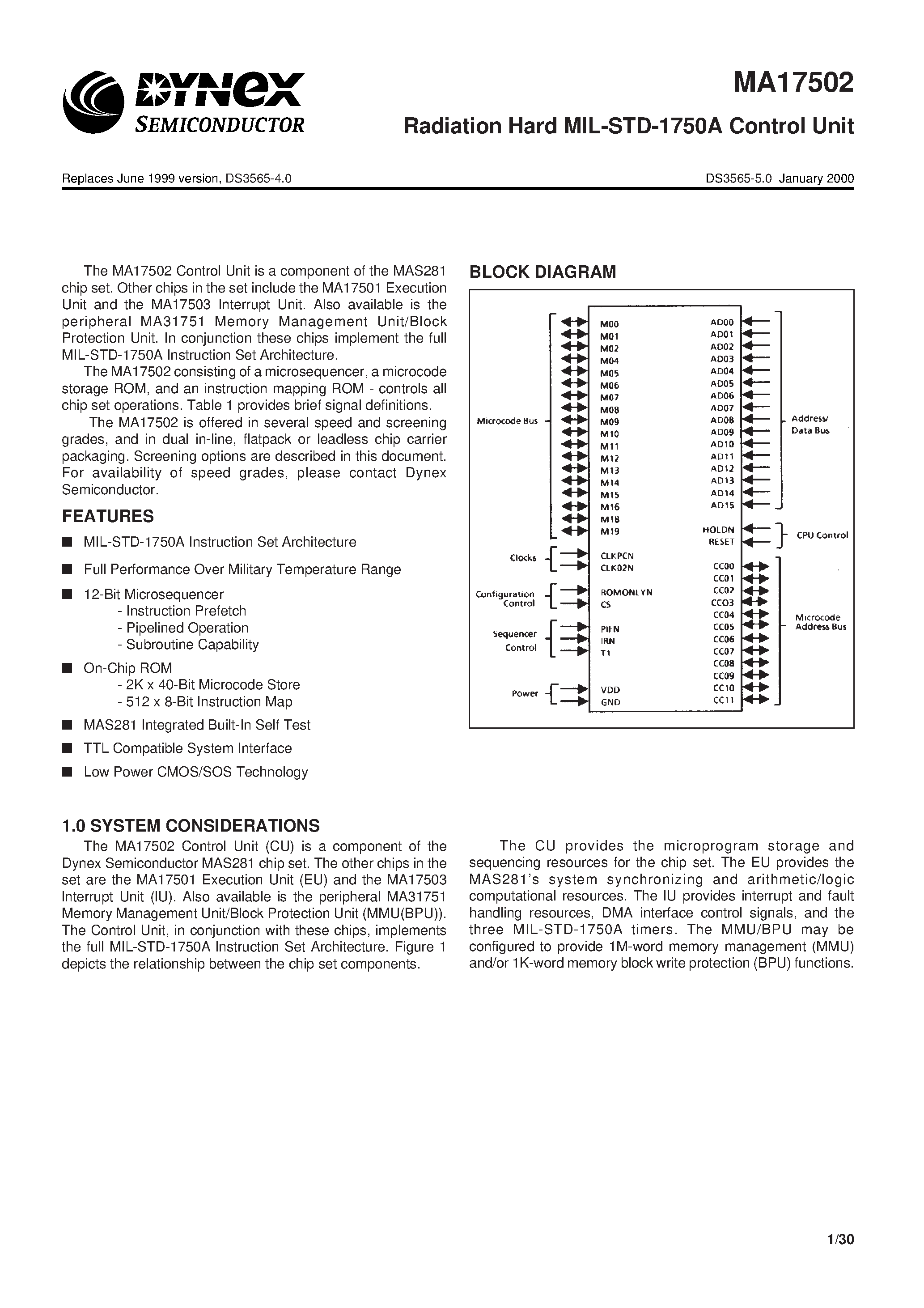 Datasheet MA17502 - Radiation Hard MIL-STD-1750A Control Unit page 1