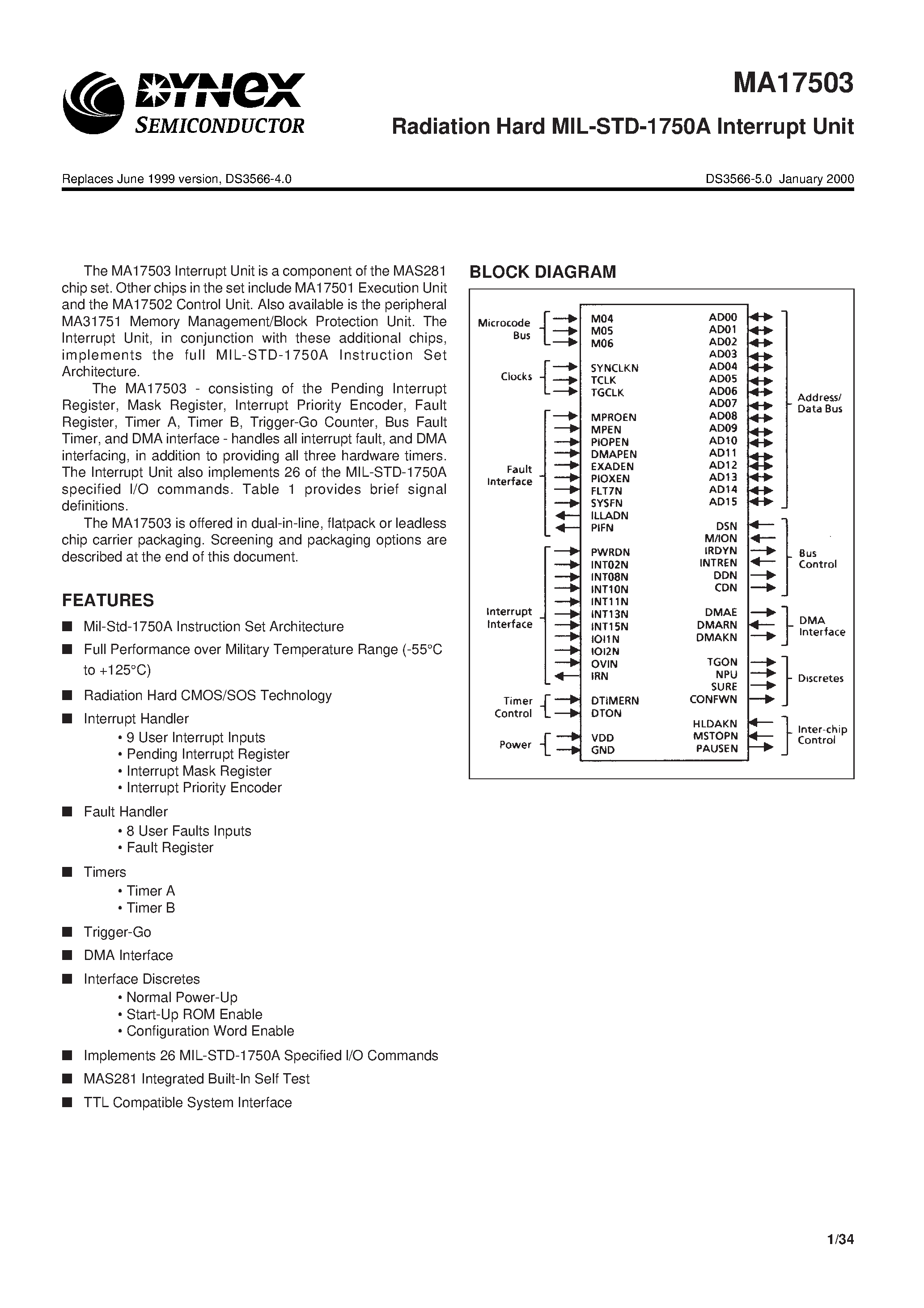Datasheet MA17503 - Radiation Hard MIL-STD-1750A Interrupt Unit page 1