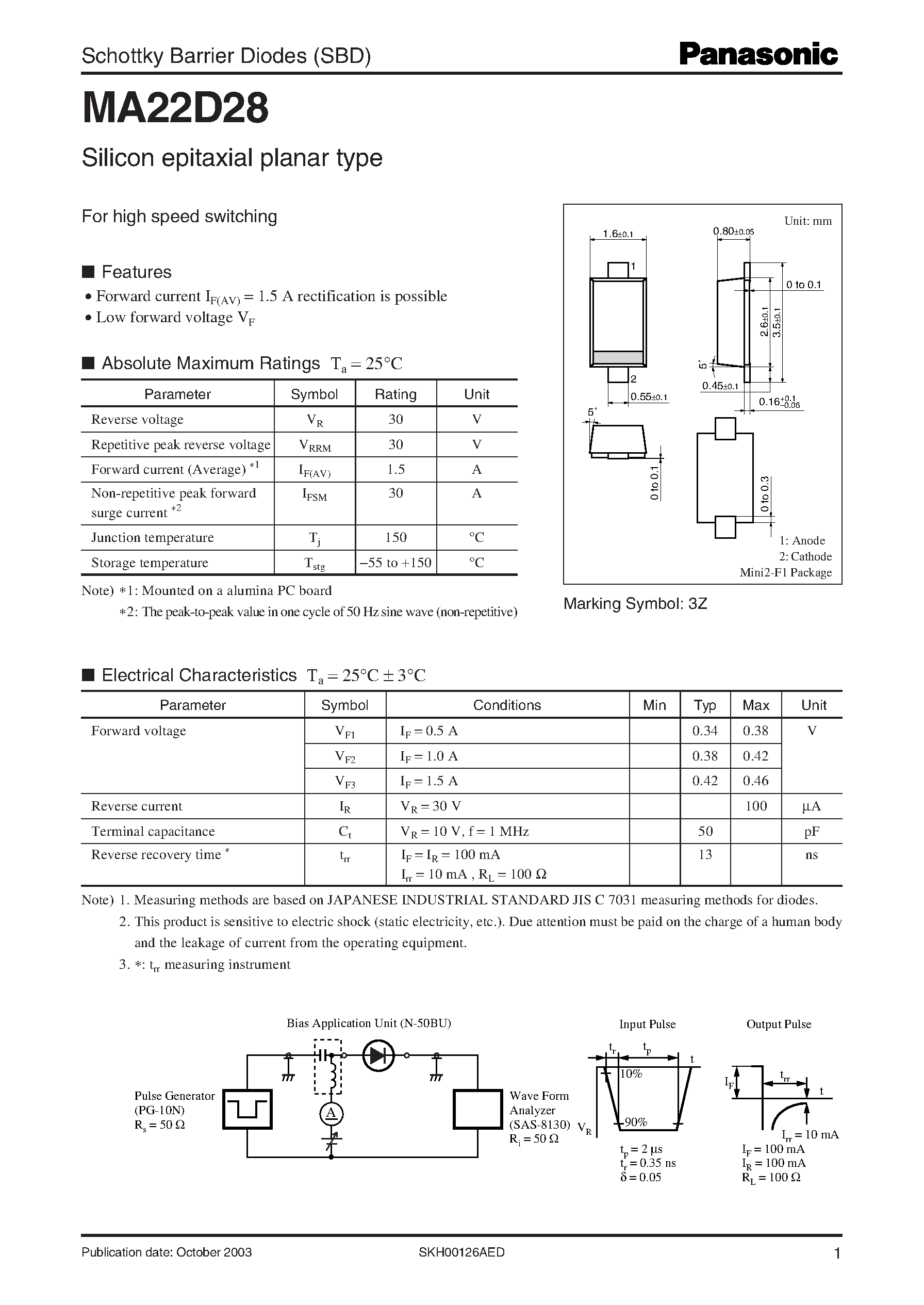 Даташит на микросхему MA22D28 страница 1 Даташит MA22D28 - Schottky Barrier Diodes (SBD) страница 1