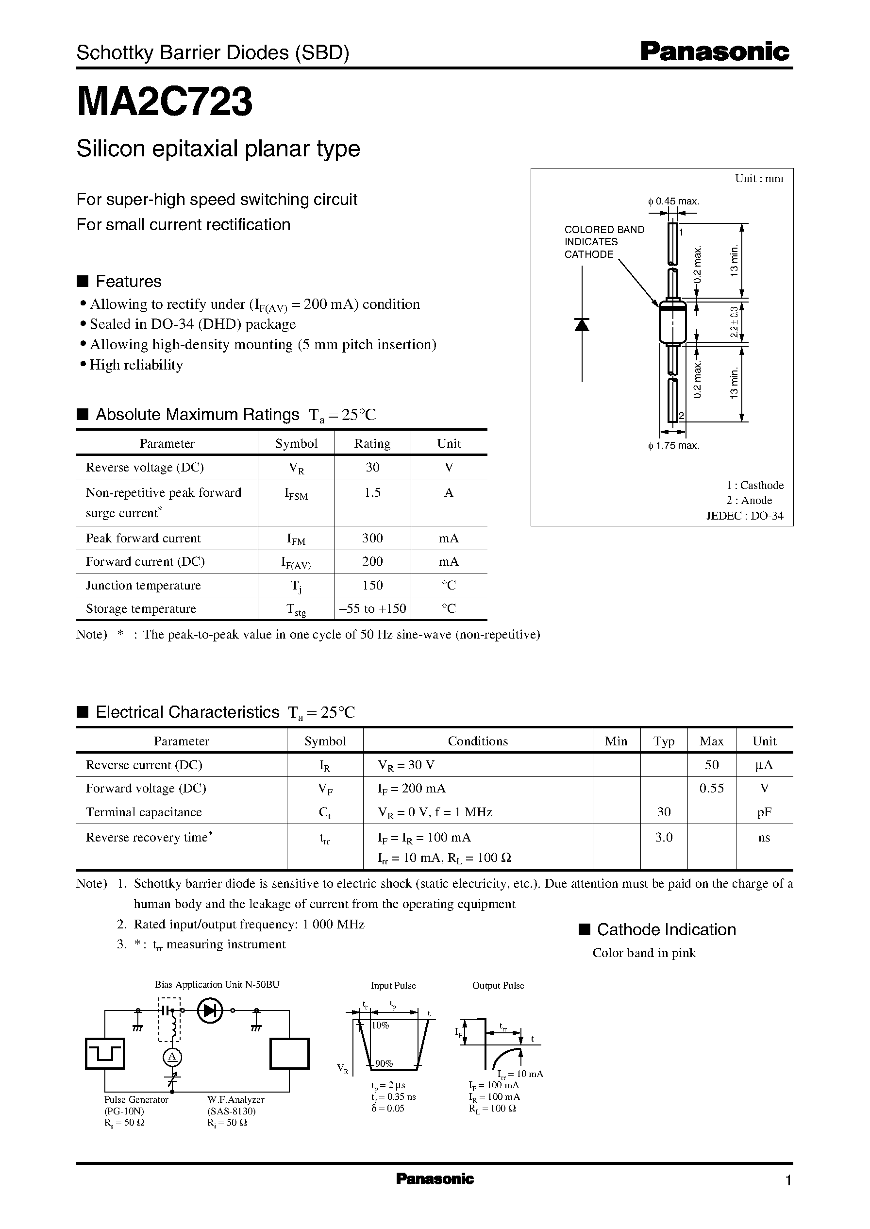 Даташит MA2C723 - Schottky Barrier Diodes страница 1