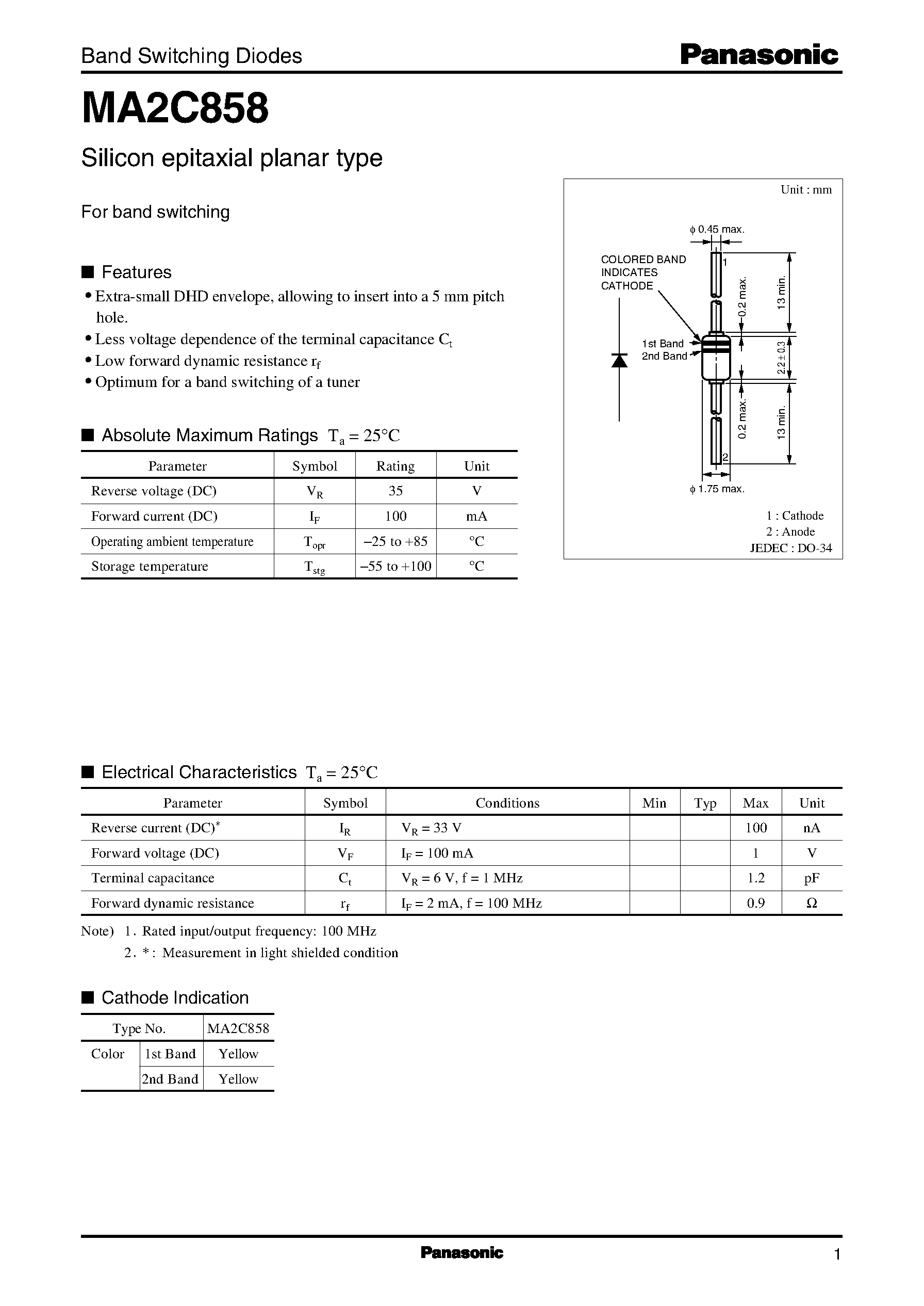 Даташит MA2C858 - Band Switching Diodes страница 1