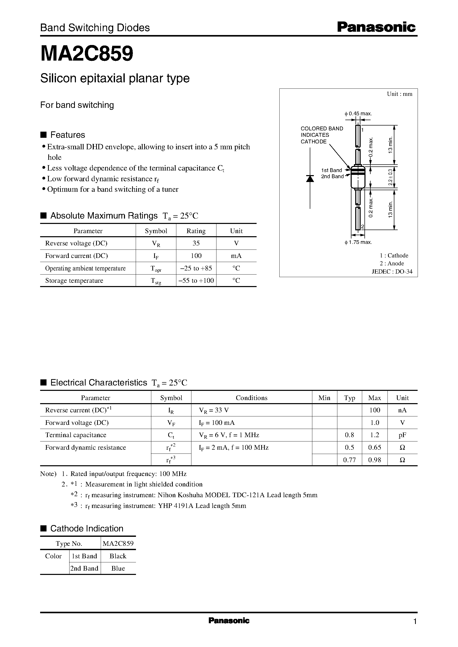 Даташит MA2C859 - Band Switching Diodes страница 1
