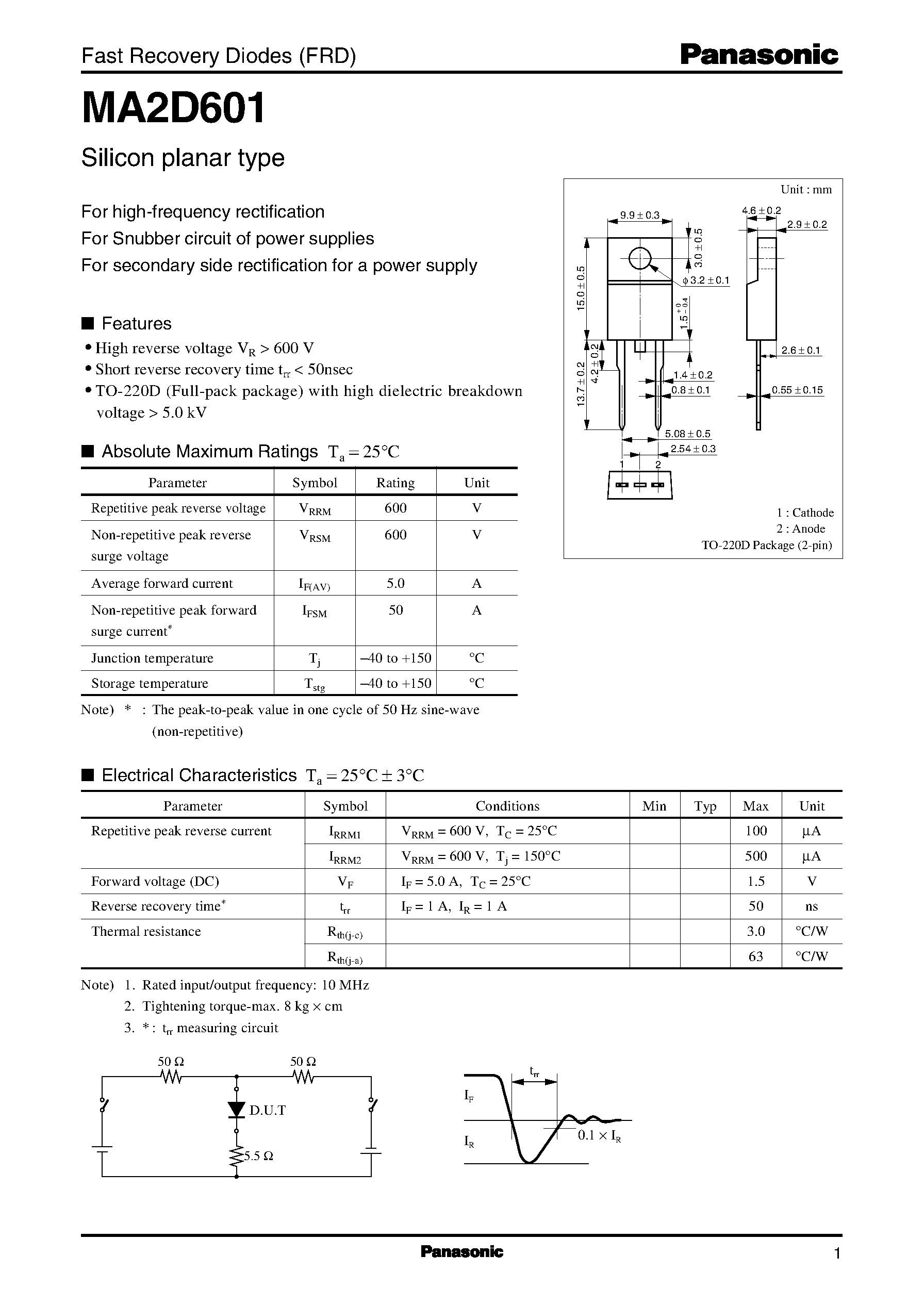 Даташит MA2D601 - Fast Recovery Diodes страница 1