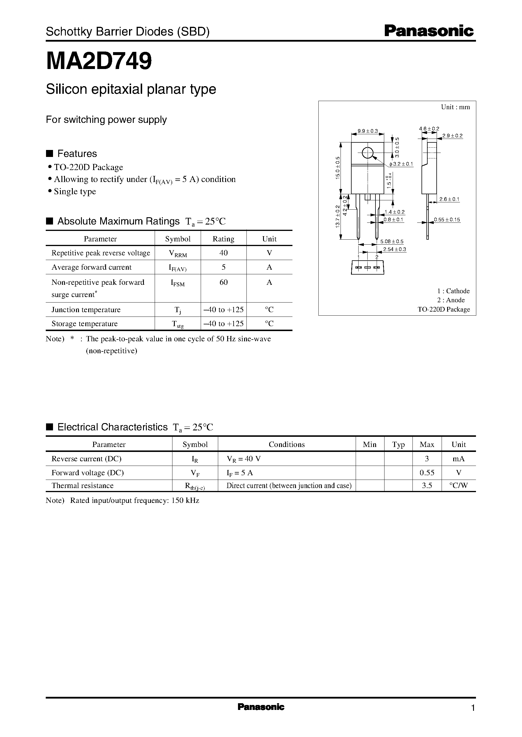 Даташит на микросхему MA2D749 страница 1 Даташит MA2D749 - Schottky Barrier Diodes страница 1