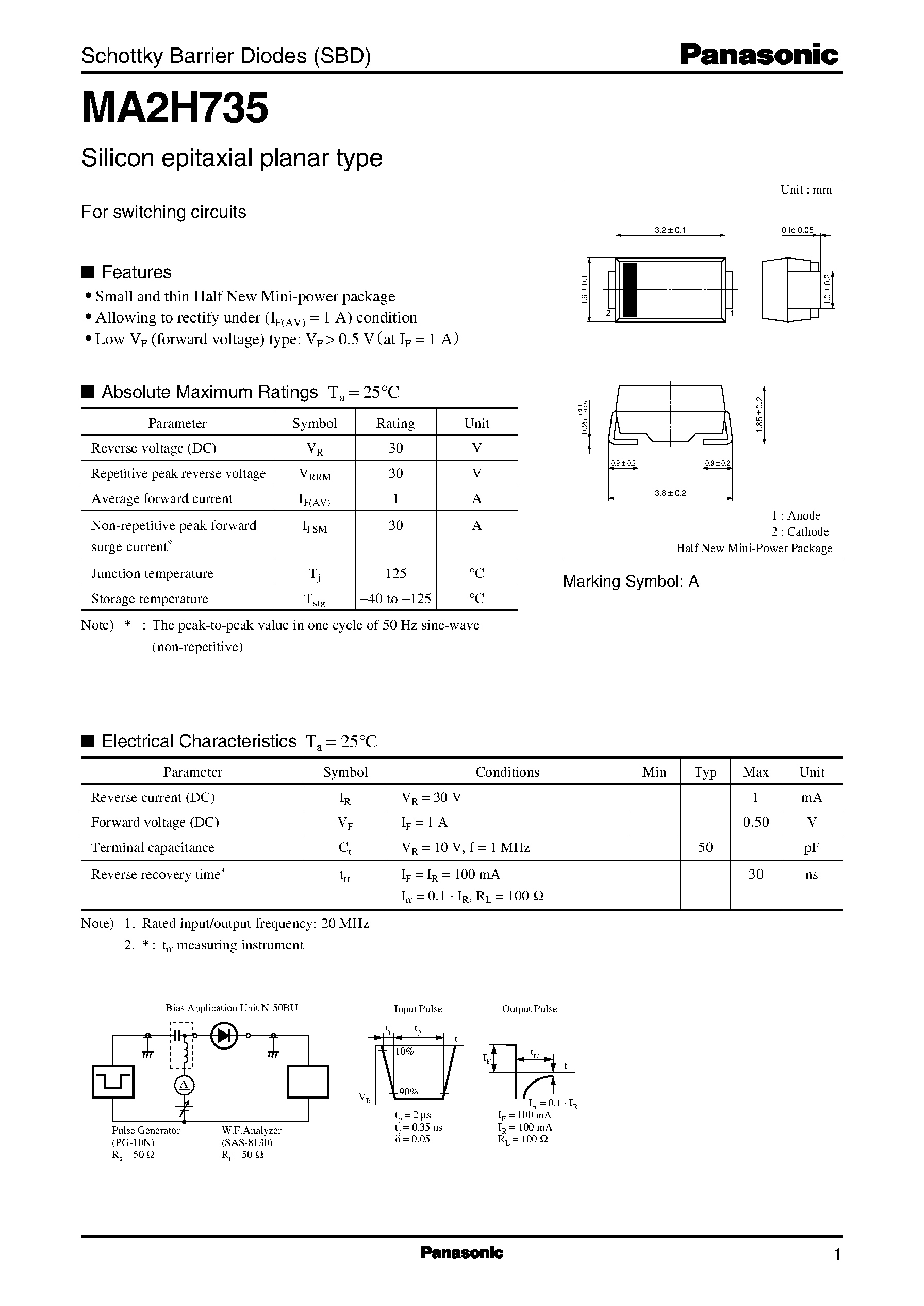 Даташит на микросхему MA2H735 страница 1 Даташит MA2H735 - Schottky Barrier Diodes (SBD) страница 1