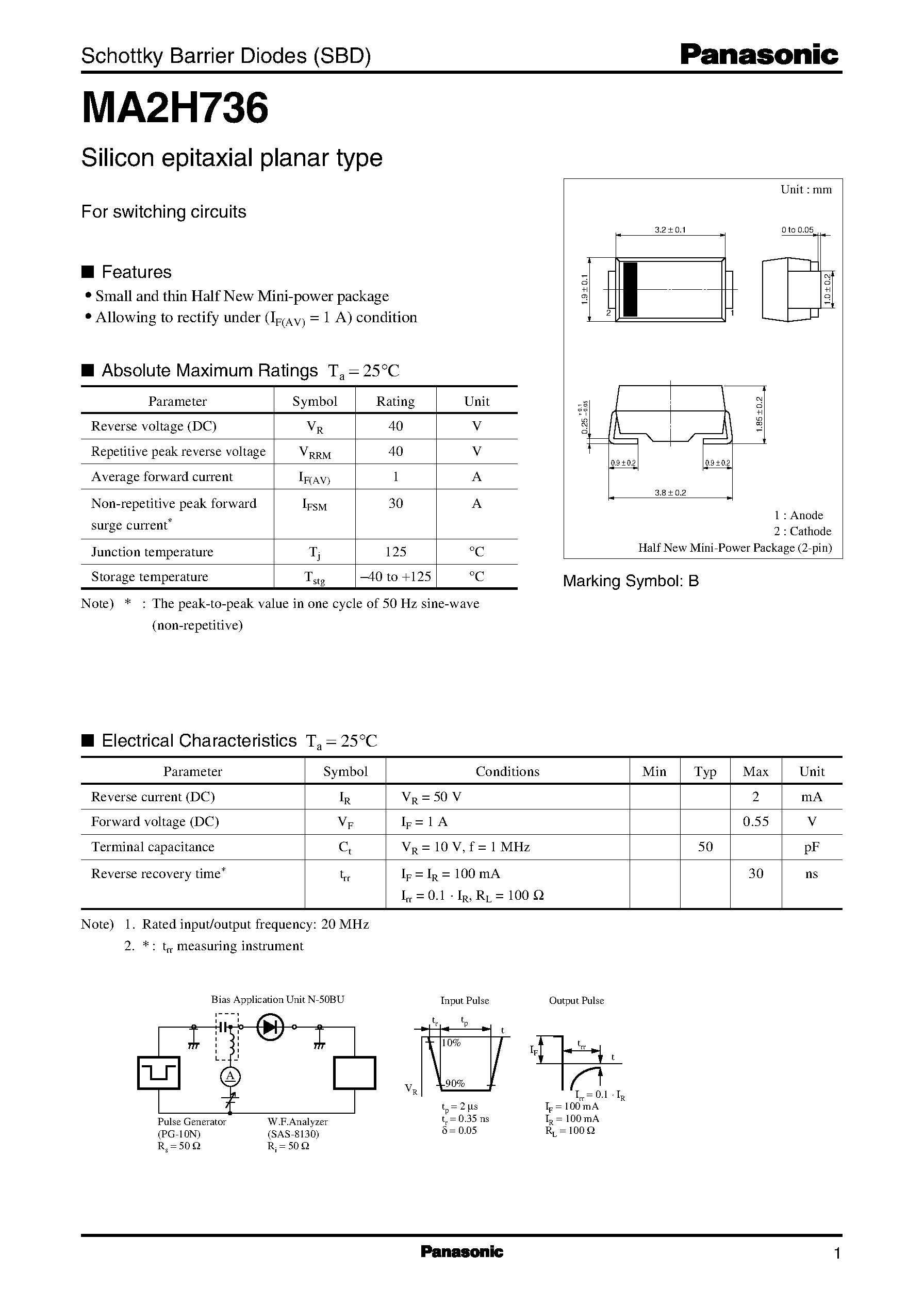 Даташит на микросхему MA2H736 страница 1 Даташит MA2H736 - Schottky Barrier Diodes (SBD) страница 1