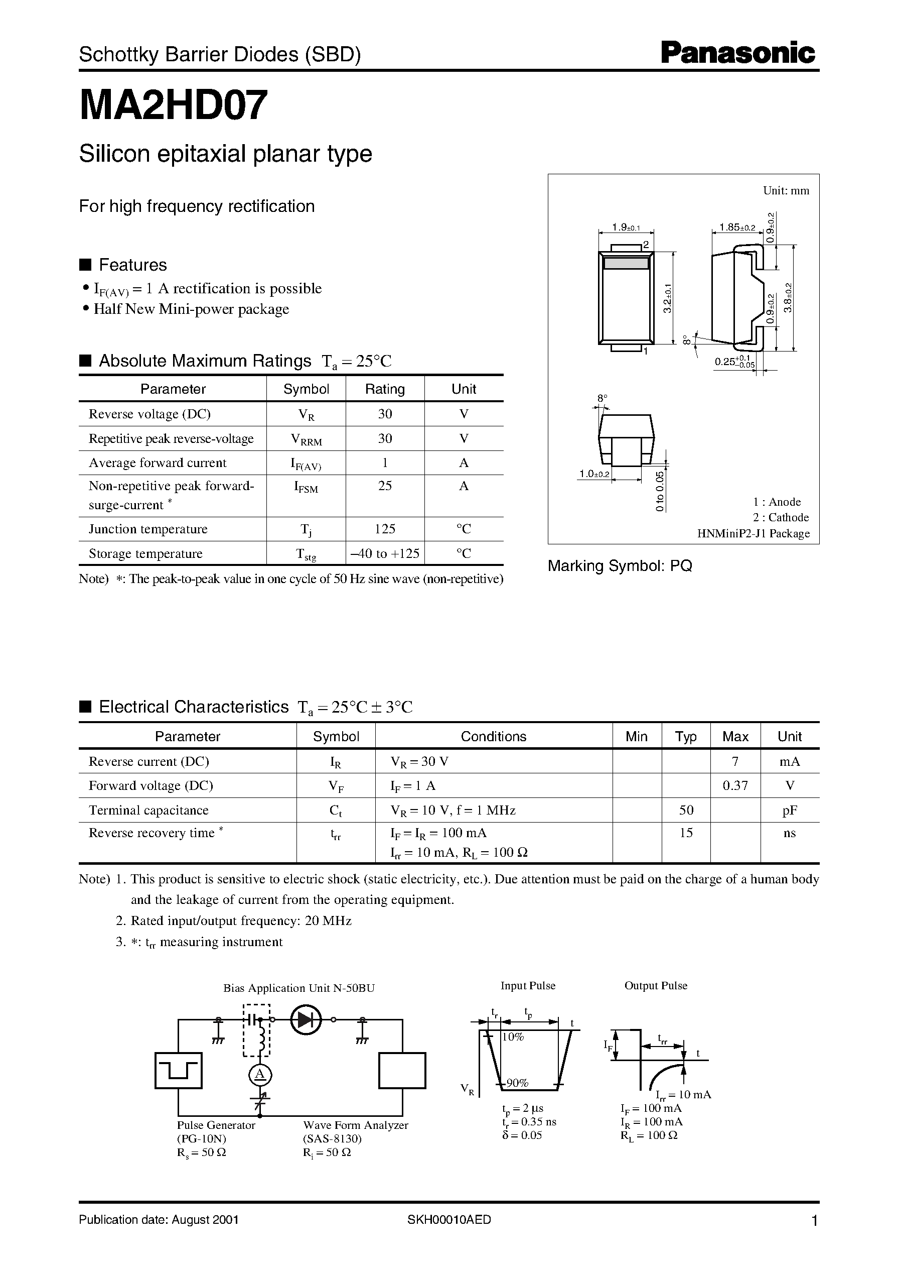 Даташит MA2HD07 - Schottky Barrier Diodes (SBD) страница 1