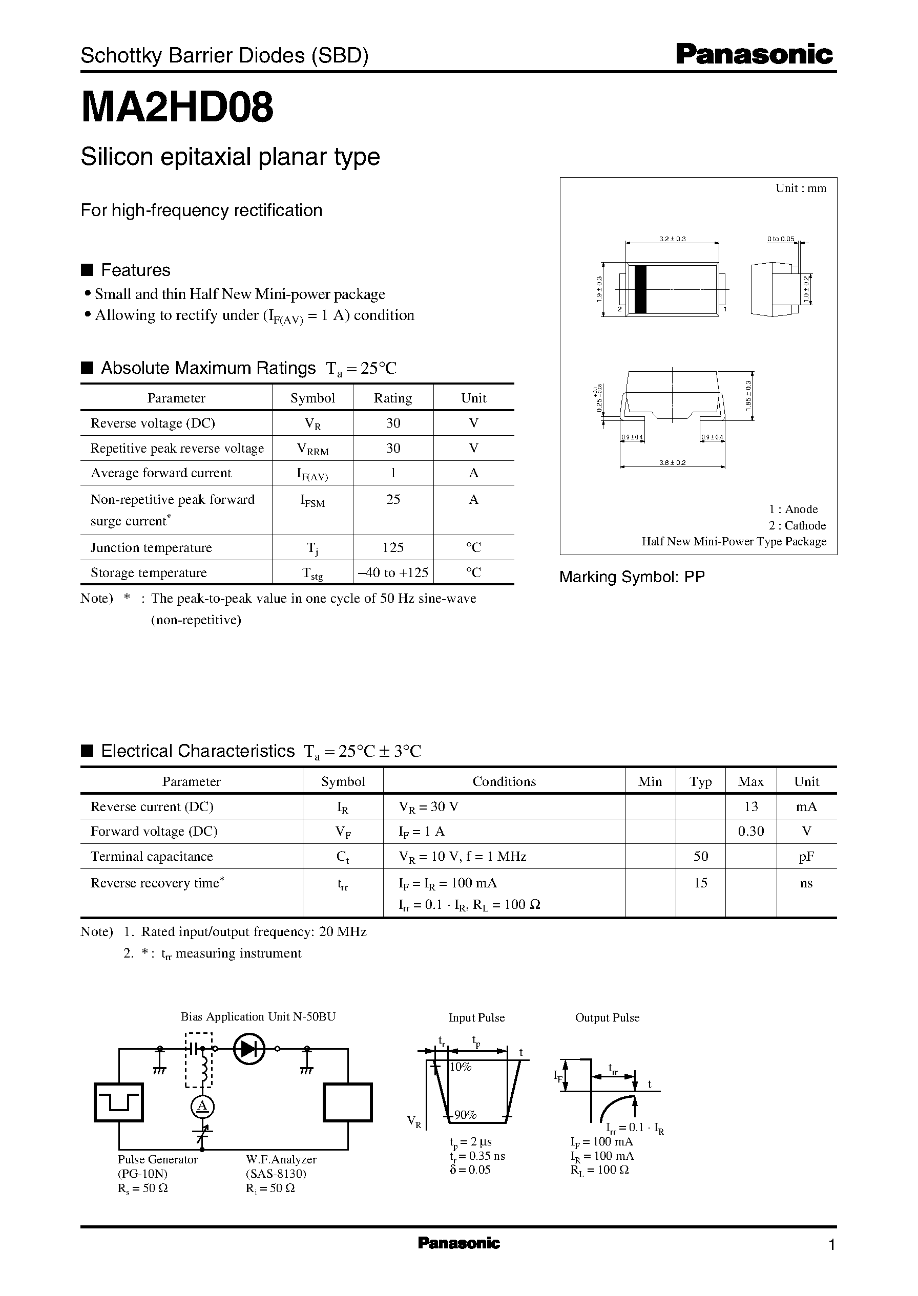 Даташит MA2HD08 - Schottky Barrier Diodes (SBD) страница 1