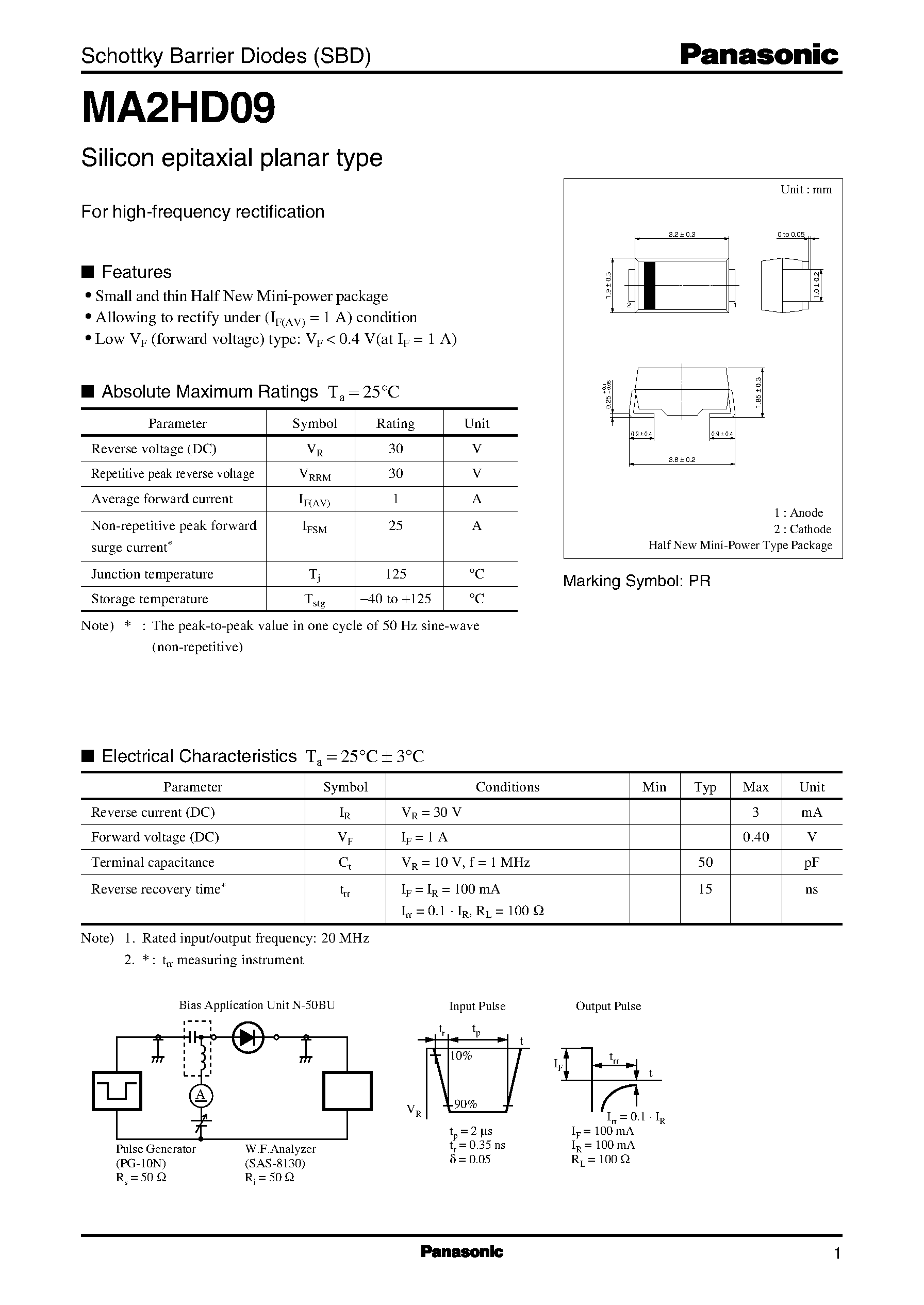 Даташит на микросхему MA2HD09 страница 1 Даташит MA2HD09 - Schottky Barrier Diodes (SBD) страница 1