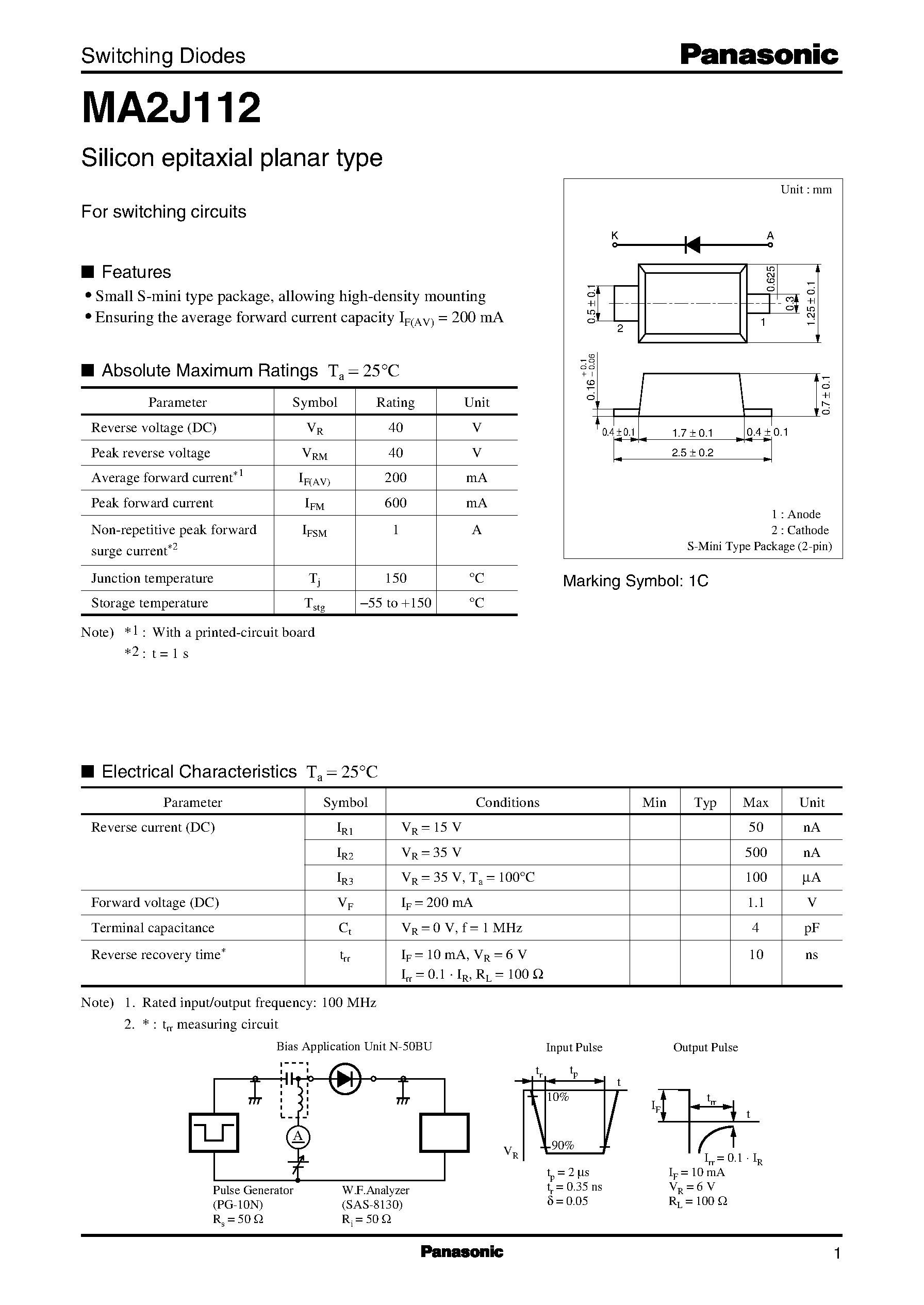 Даташит на микросхему MA2J112 страница 1 Даташит MA2J112 - Switching Diodes страница 1
