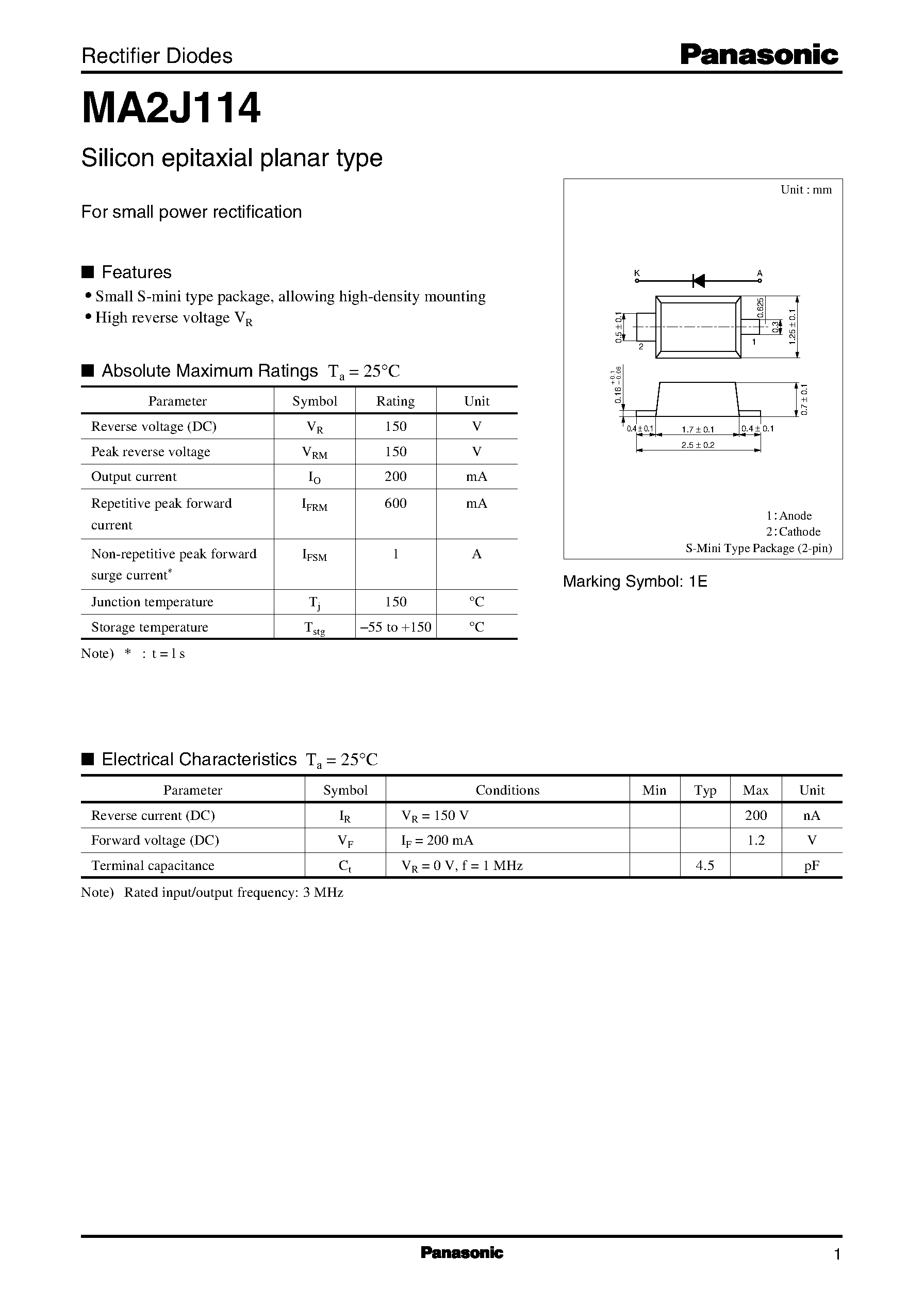 Даташит на микросхему MA2J114 страница 1 Даташит MA2J114 - Rectifier Diodes страница 1