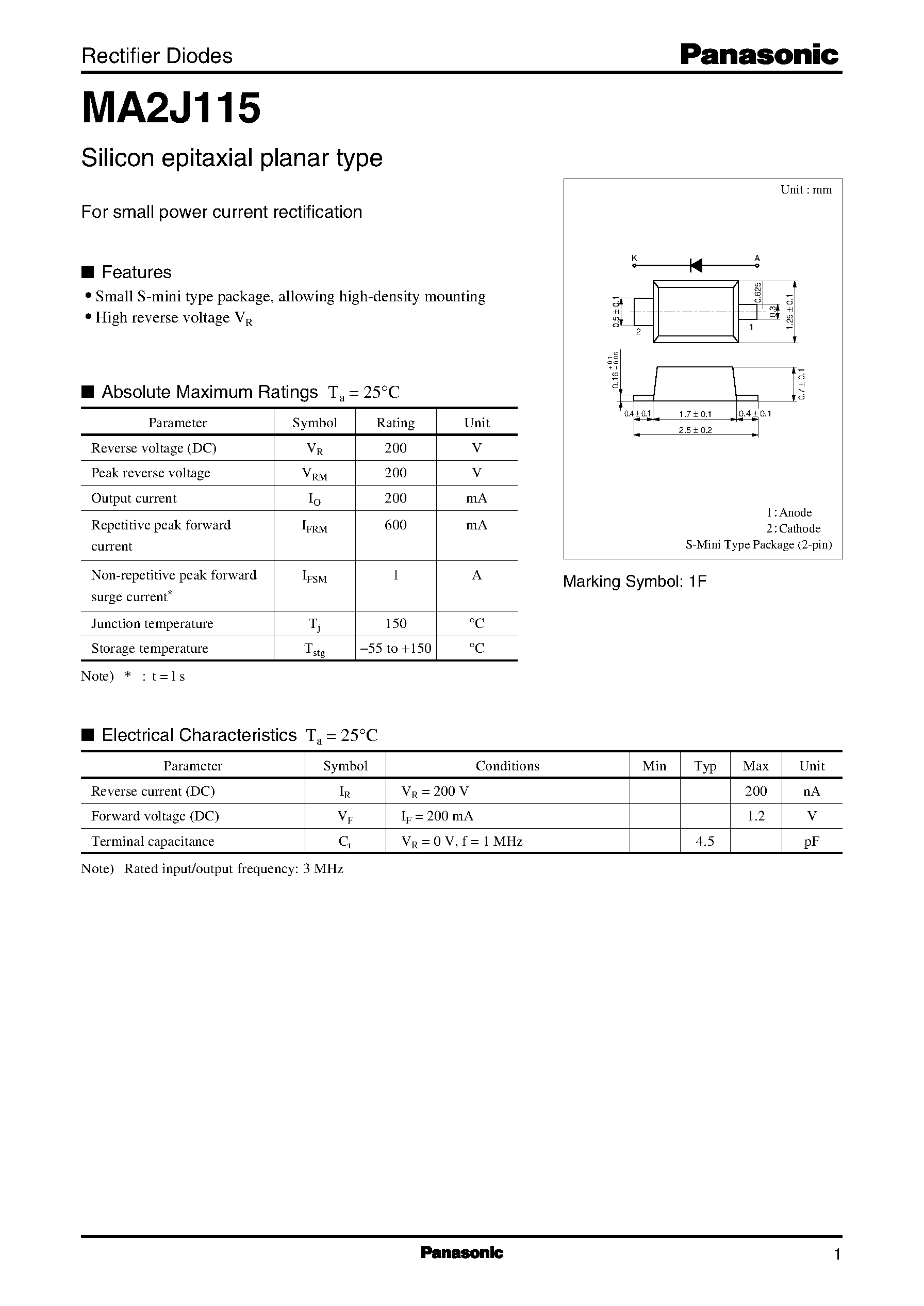 Даташит MA2J115 - Rectifier Diodes страница 1