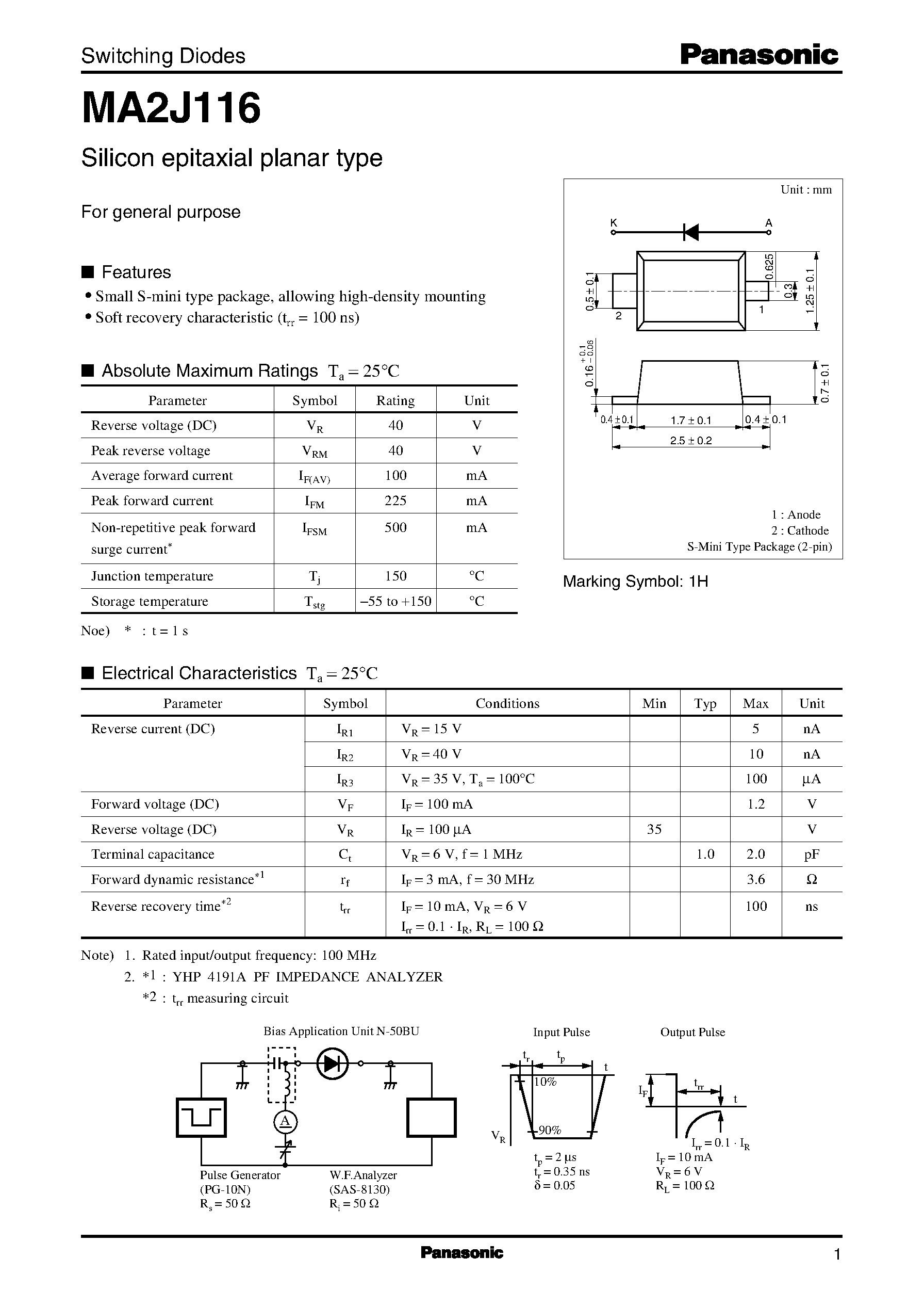 Даташит на микросхему MA2J116 страница 1 Даташит MA2J116 - Switching Diodes страница 1