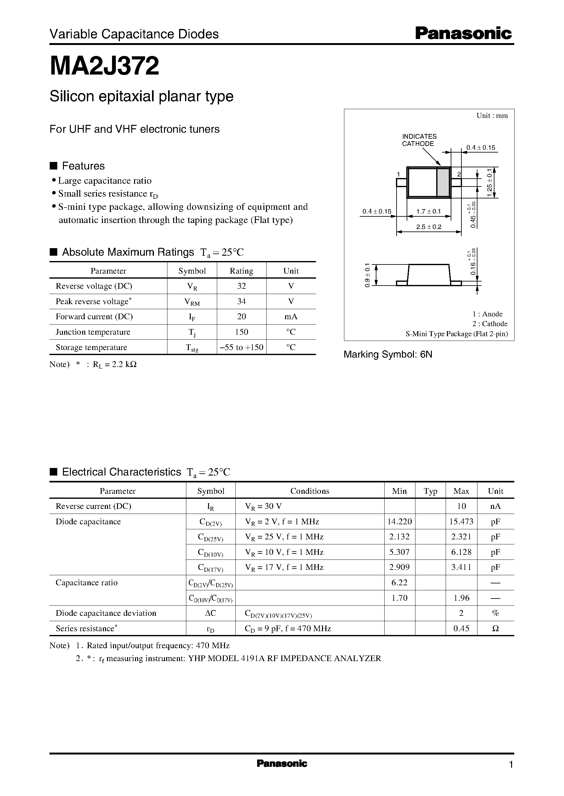 Даташит на микросхему MA2J372 страница 1 Даташит MA2J372 - Variable Capacitance Diodes страница 1