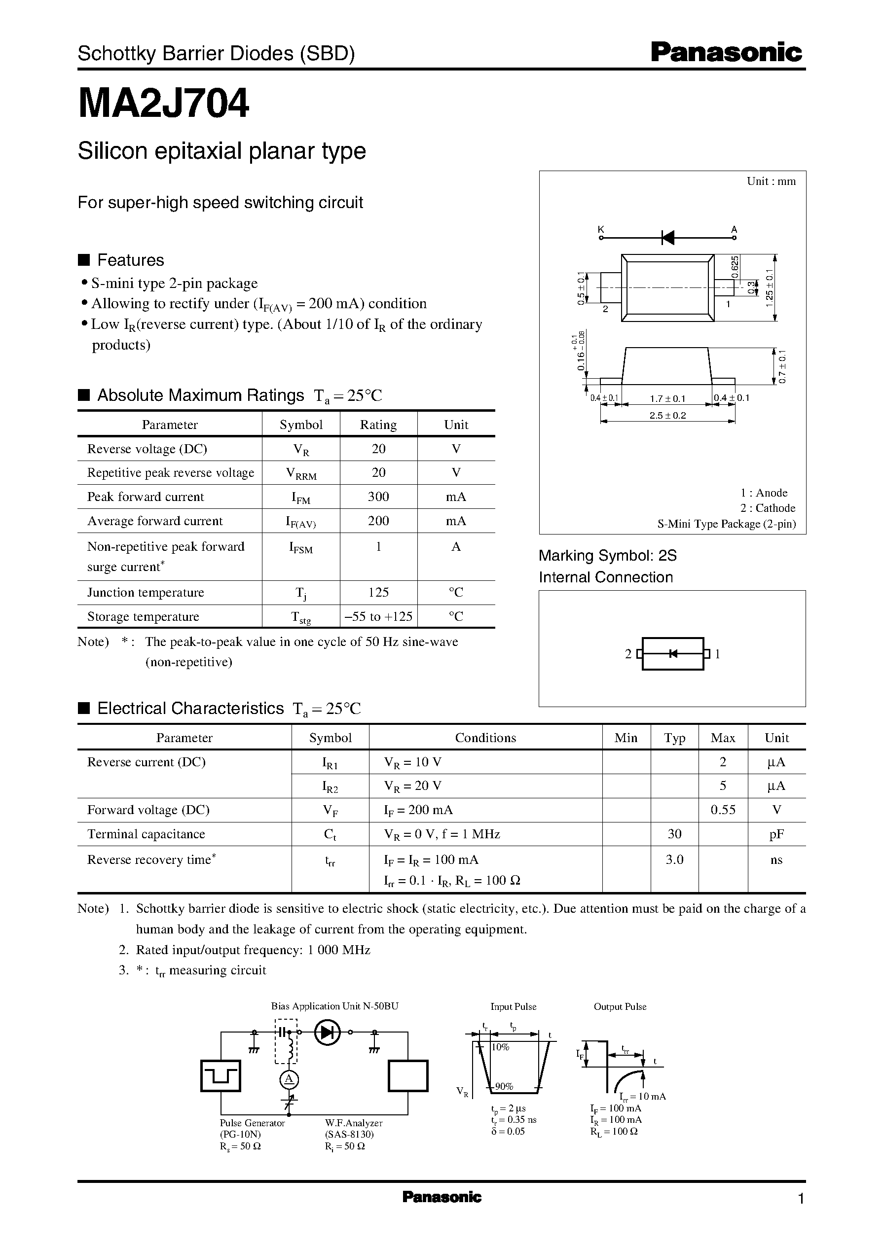Даташит на микросхему MA2J704 страница 1 Даташит MA2J704 - Schottky Barrier Diodes (SBD) страница 1