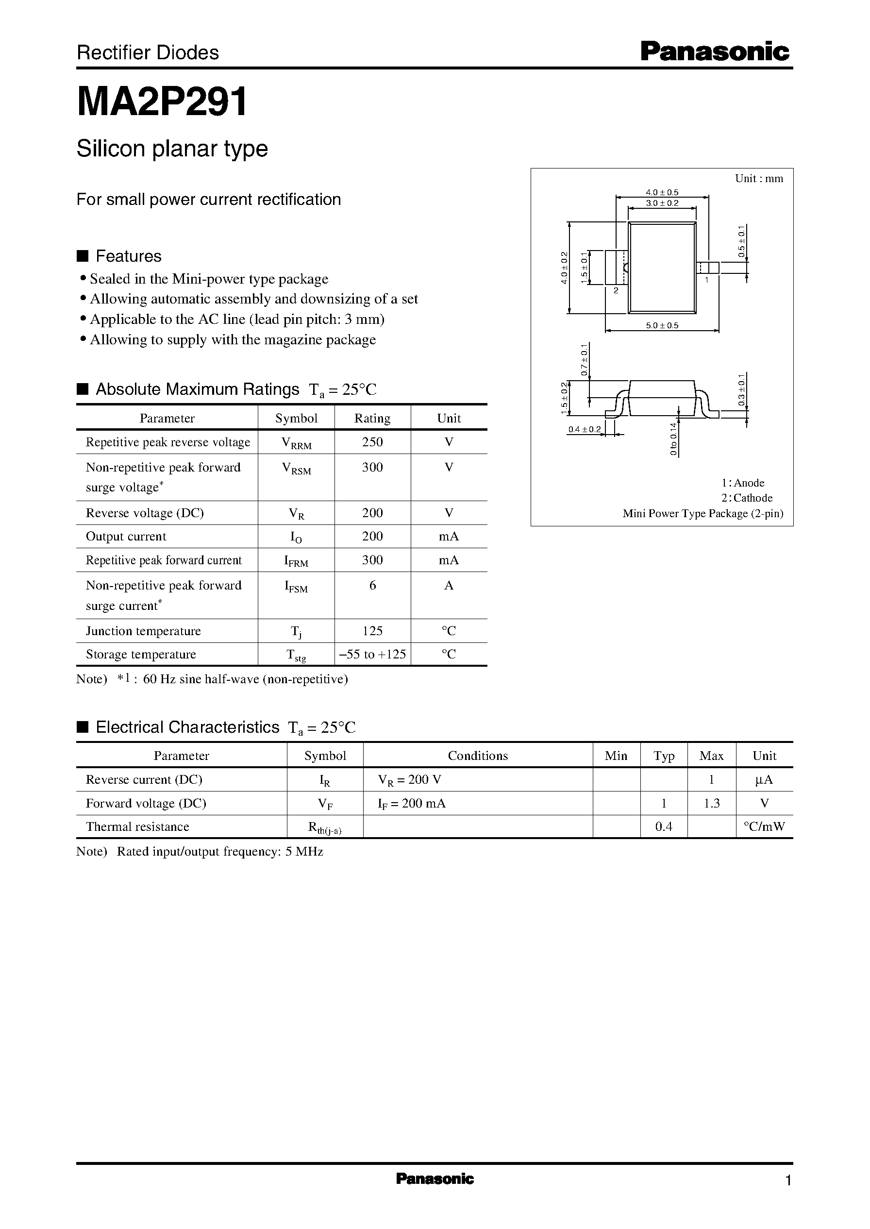 Даташит на микросхему MA2P291 страница 1 Даташит MA2P291 - Rectifier Diodes страница 1