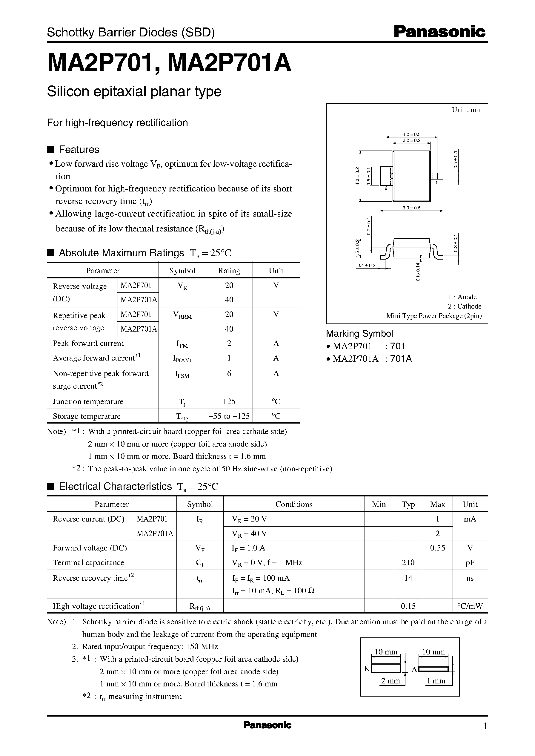 Даташит на микросхему MA2P701 страница 1 Даташит MA2P701 - Schottky Barrier Diodes (SBD) страница 1