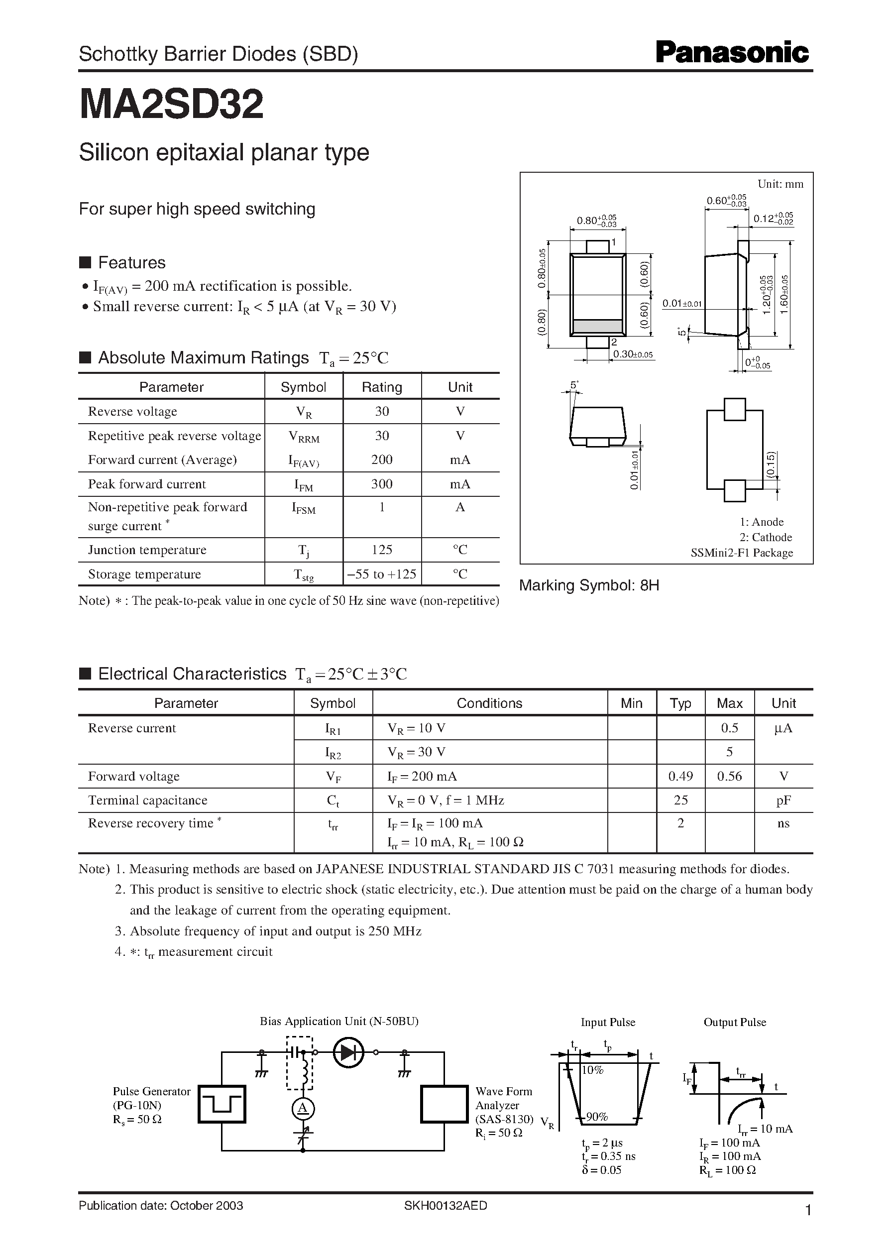 Даташит на микросхему MA2SD032 страница 1 Даташит MA2SD032 - Schottky Barrier Diodes (SBD) Silicon epitaxial planar type страница 1
