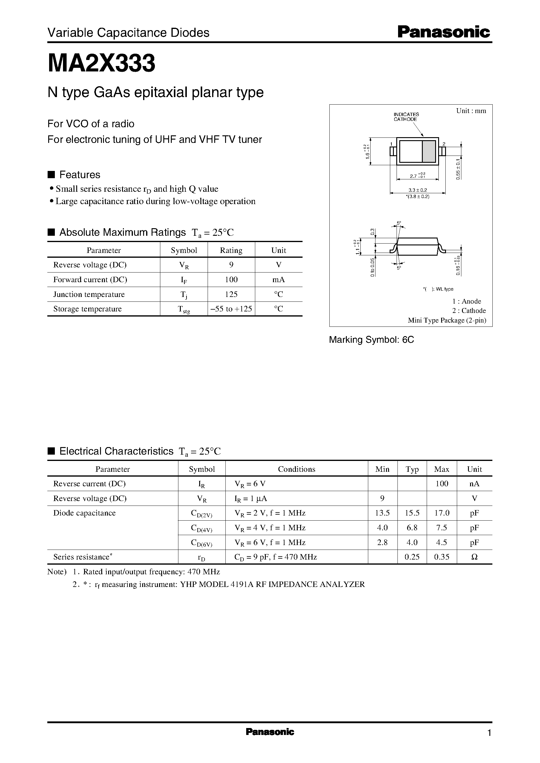Datasheet MA2X333 - N type GaAs epitaxial planar type page 1