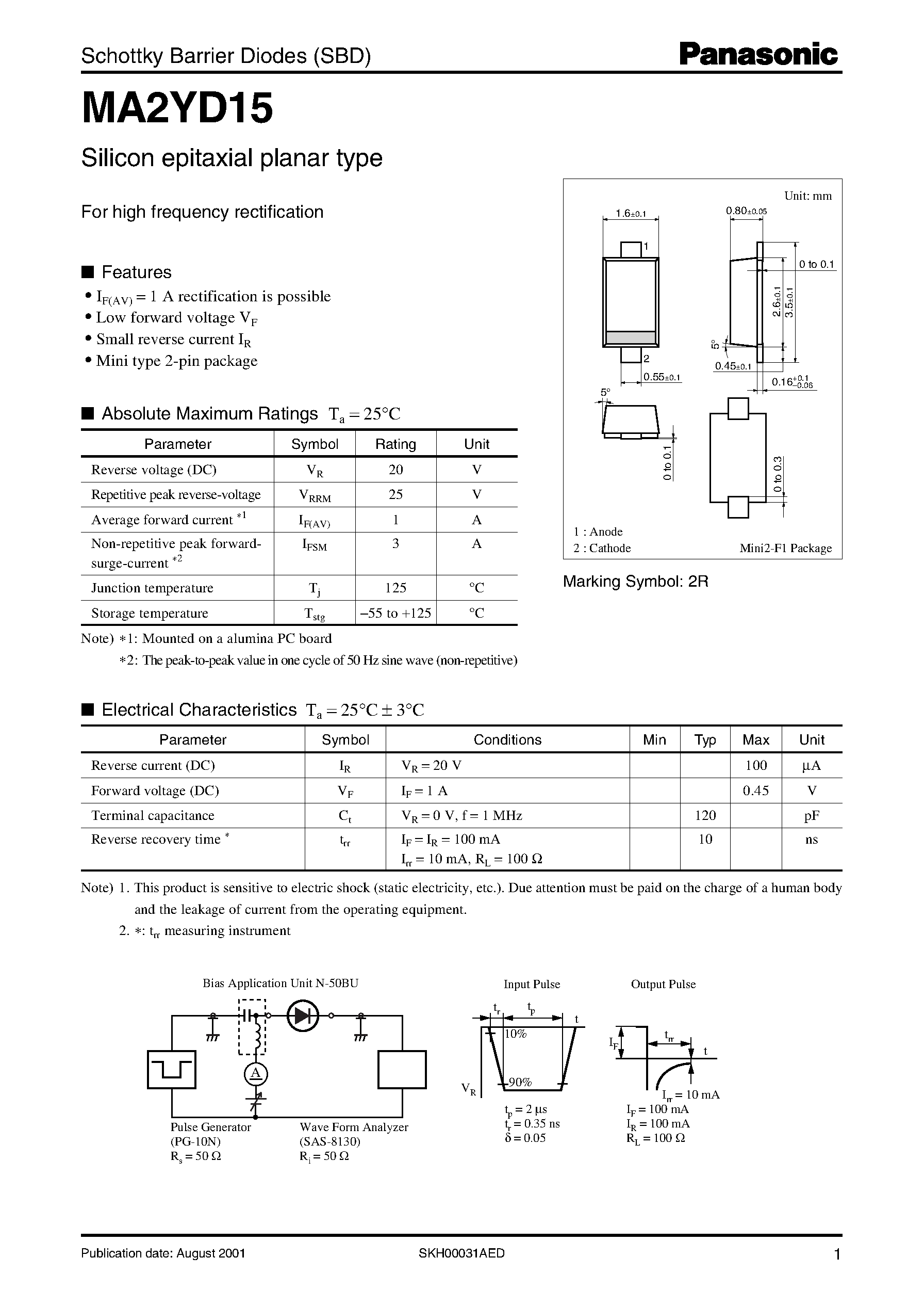 Даташит на микросхему MA2YD15 страница 1 Даташит MA2YD15 - Schottky Barrier Diodes (SBD) страница 1