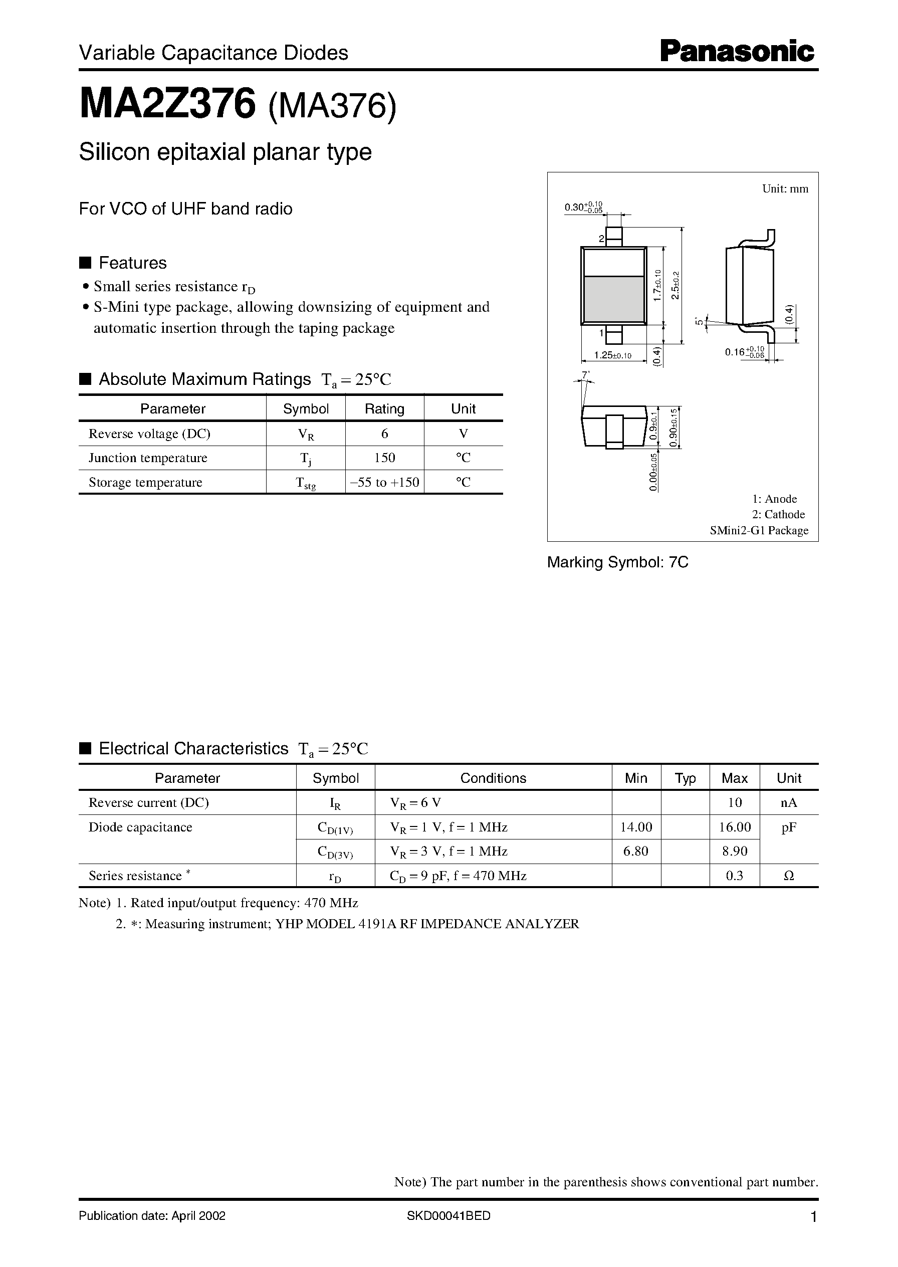 Даташит на микросхему MA2Z376 страница 1 Даташит MA2Z376 - Variable Capacitance Diodes страница 1