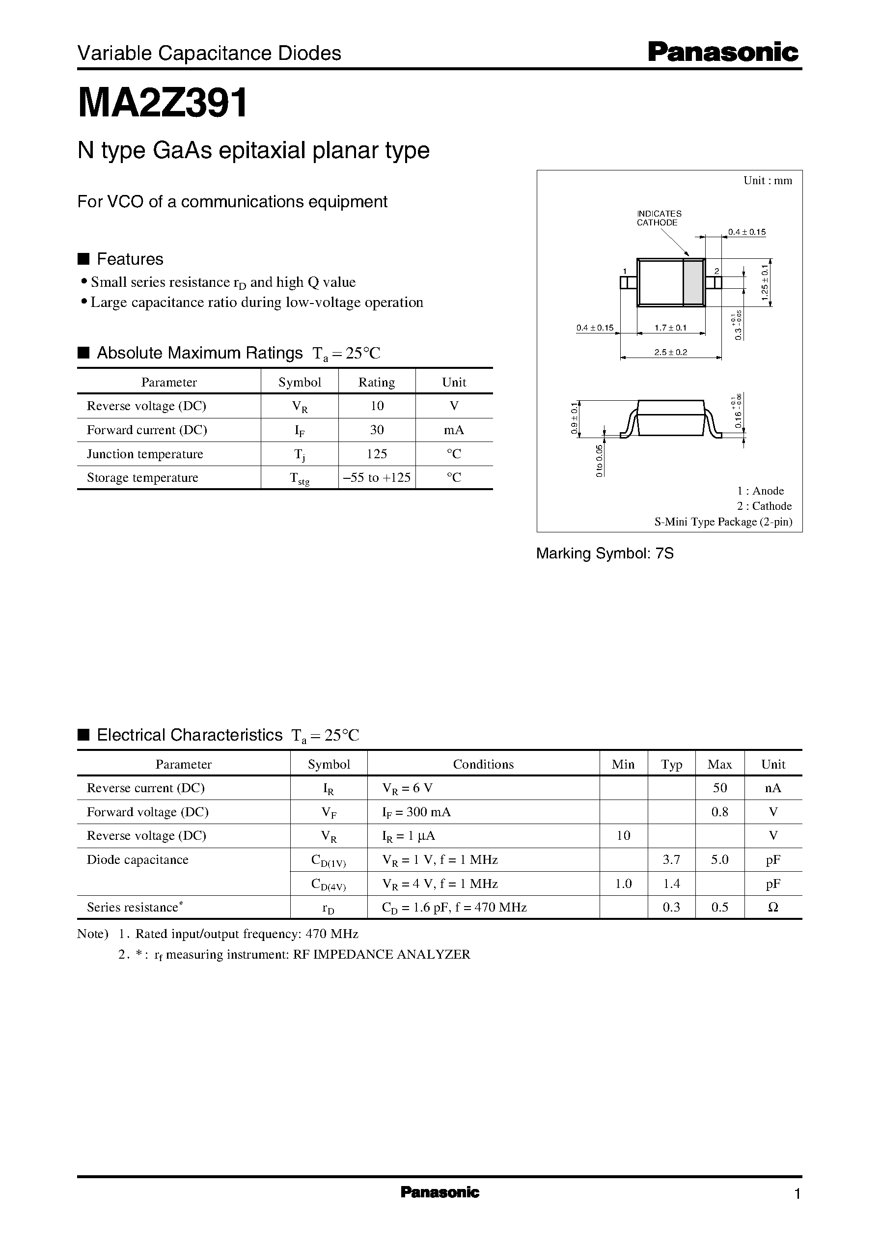 Datasheet MA2Z391 - N type GaAs epitaxial planar type page 1