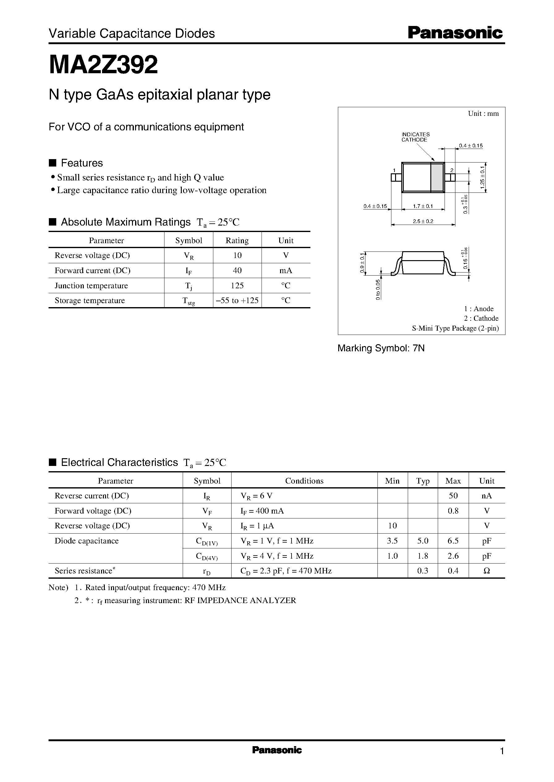 Datasheet MA2Z392 - N type GaAs epitaxial planar type page 1