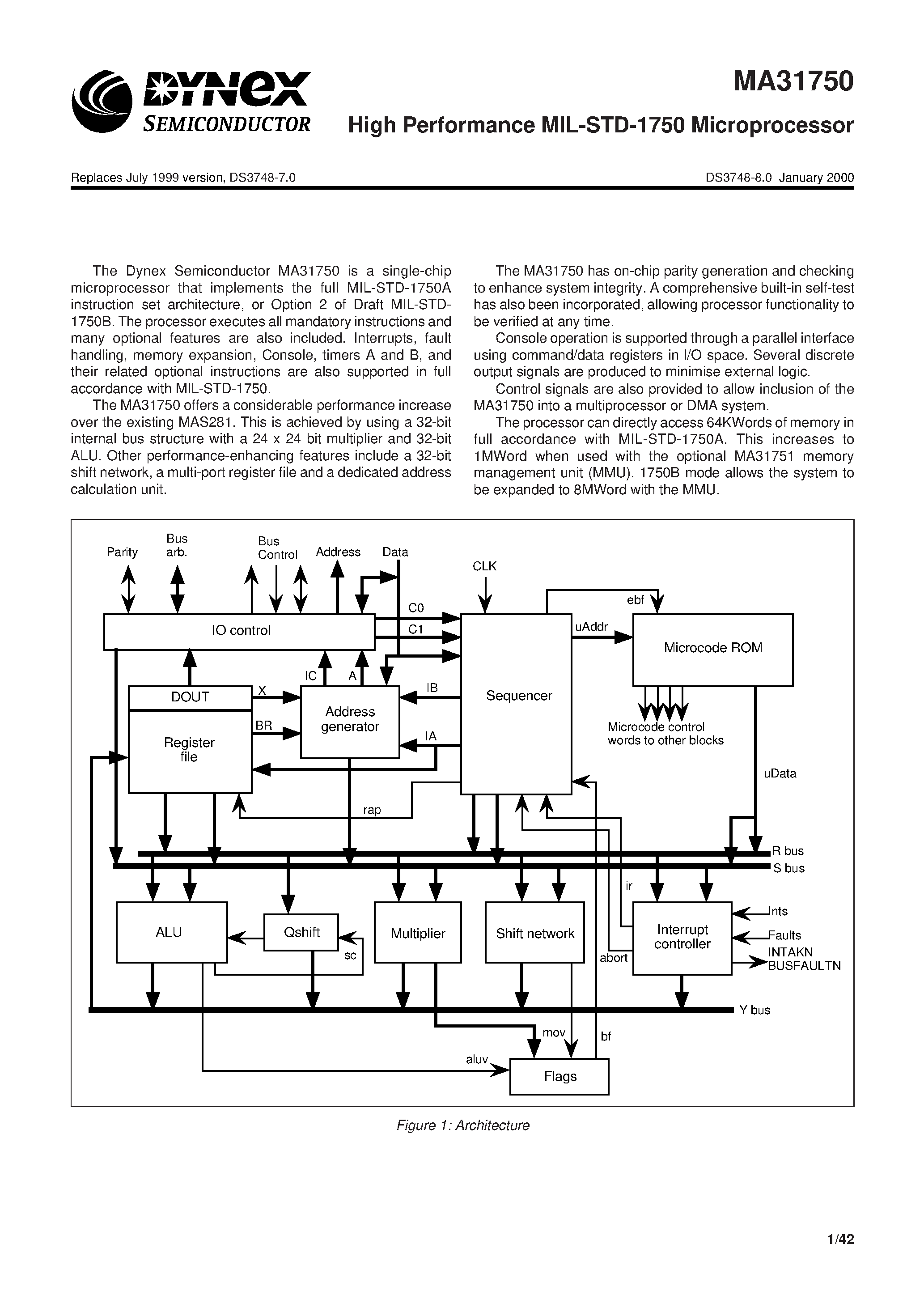 Datasheet MA31750 page 1 Datasheet MA31750 - High Performance MIL-STD-1750 Microprocessor page 1