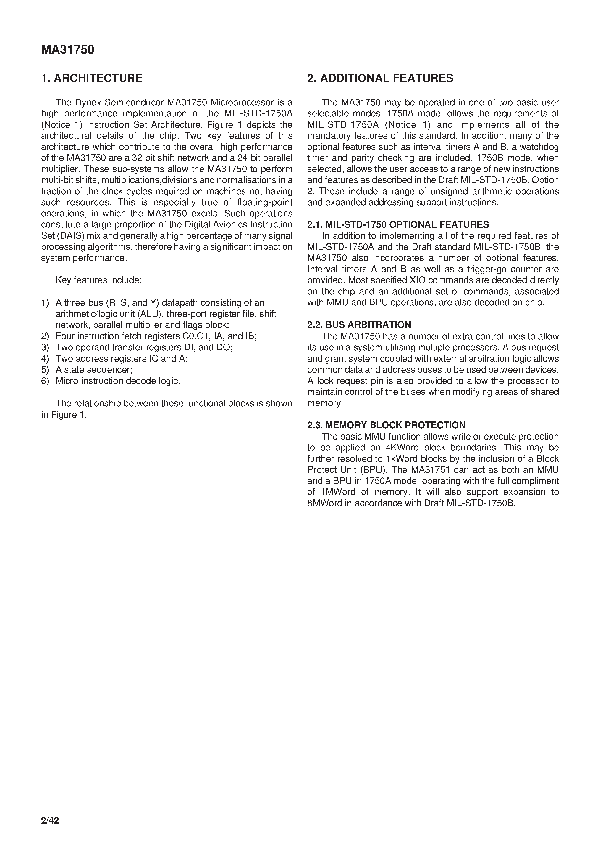 Datasheet MA31750 page 2 Datasheet MA31750 - High Performance MIL-STD-1750 Microprocessor page 2