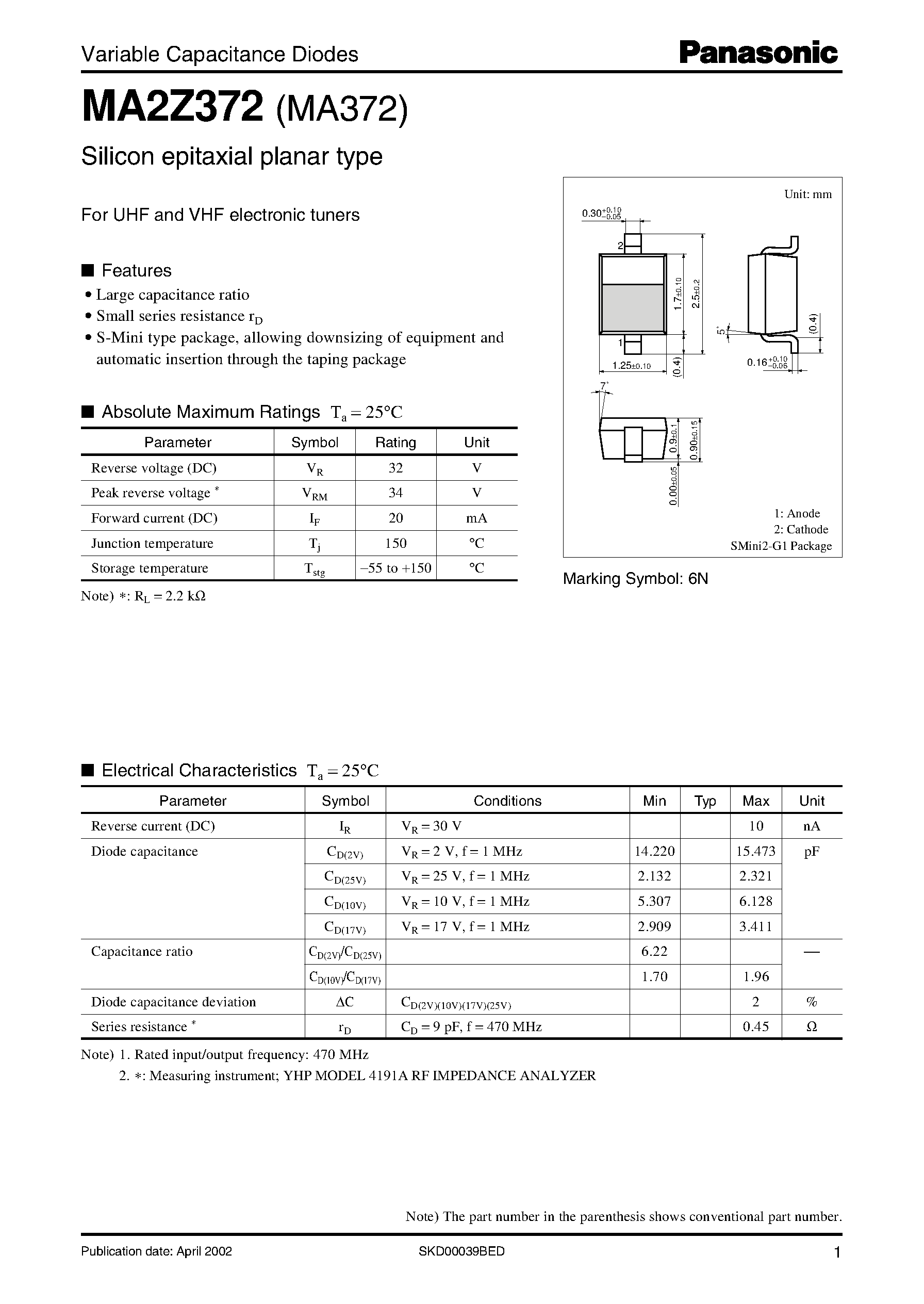 Даташит на микросхему MA372 страница 1 Даташит MA372 - Variable Capacitance Diodes страница 1