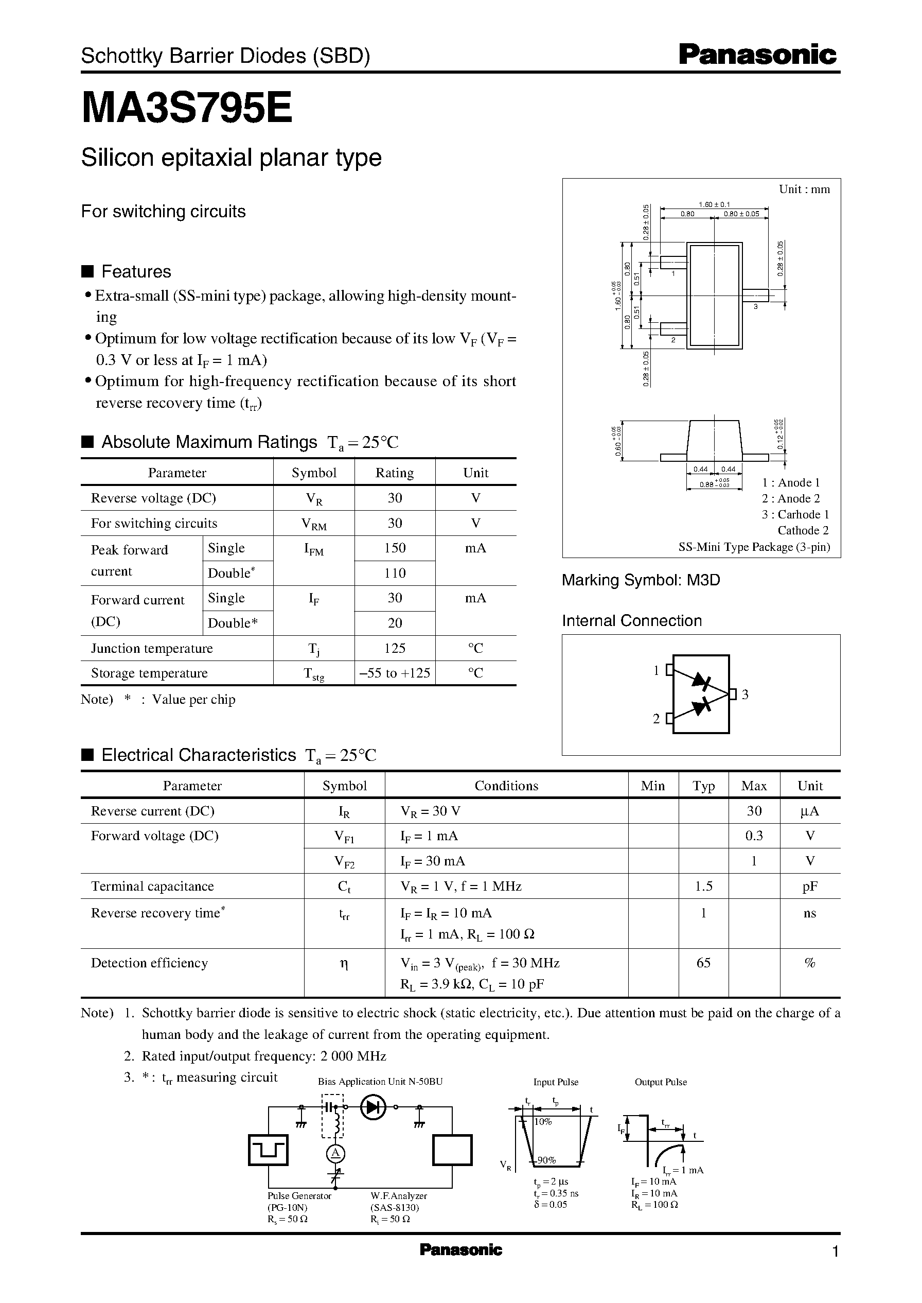 Даташит на микросхему MA3S795E страница 1 Даташит MA3S795E - Schottky Barrier Diodes (SBD) страница 1