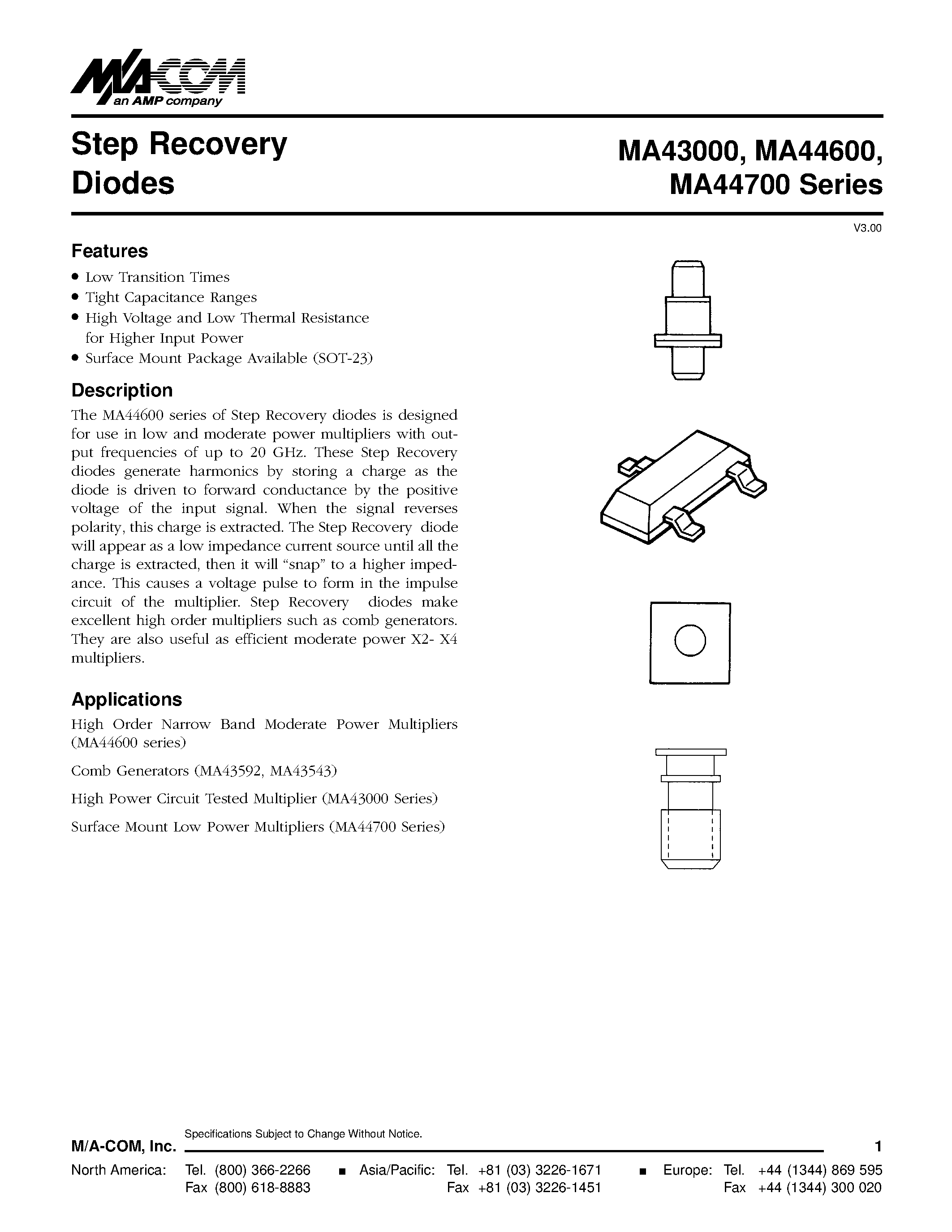 Datasheet MA44621A - Step Recovery Diodes page 1