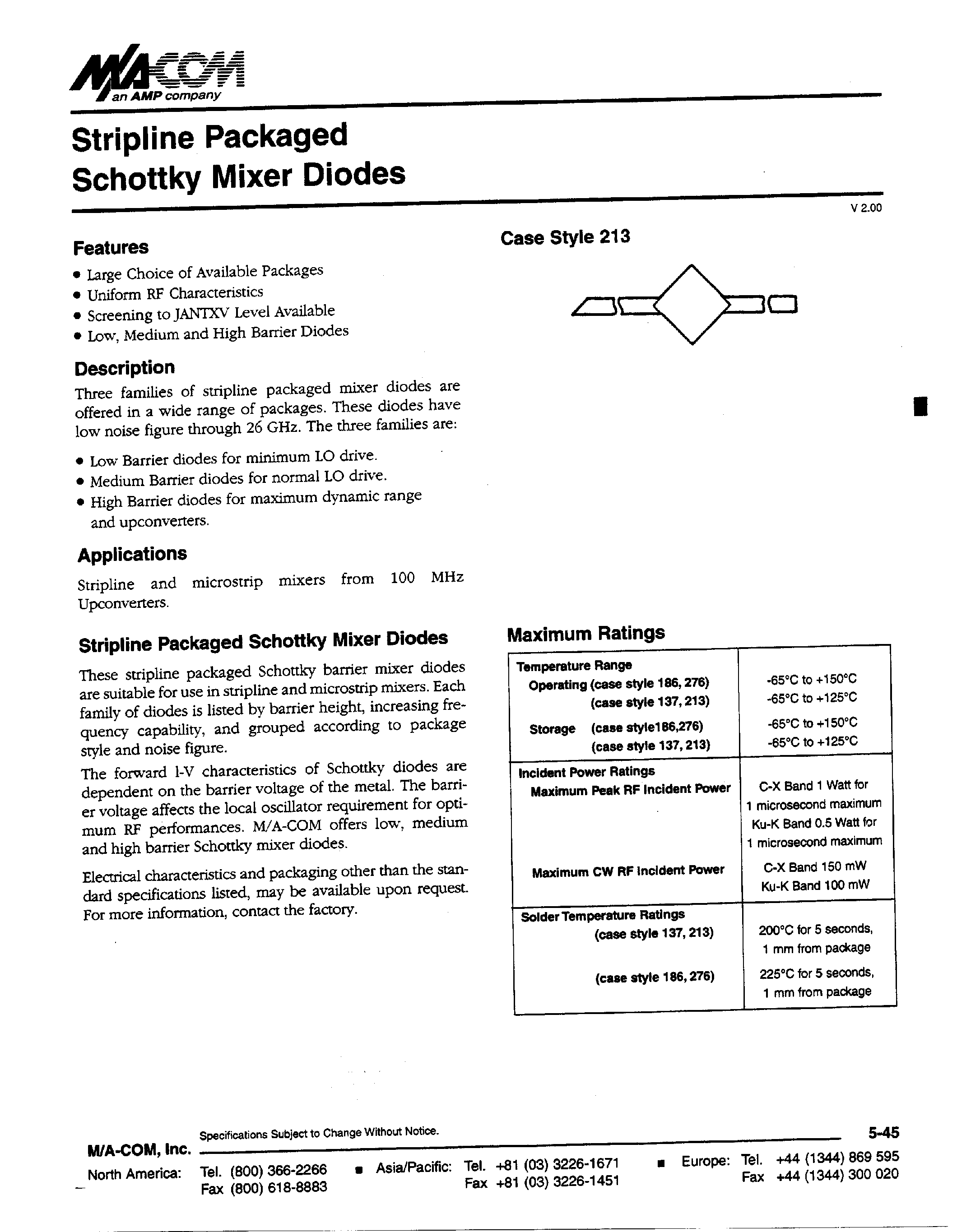 Datasheet MA4E2054 - Surface Mount Low Barrier X-Band Schottky Diode page 1