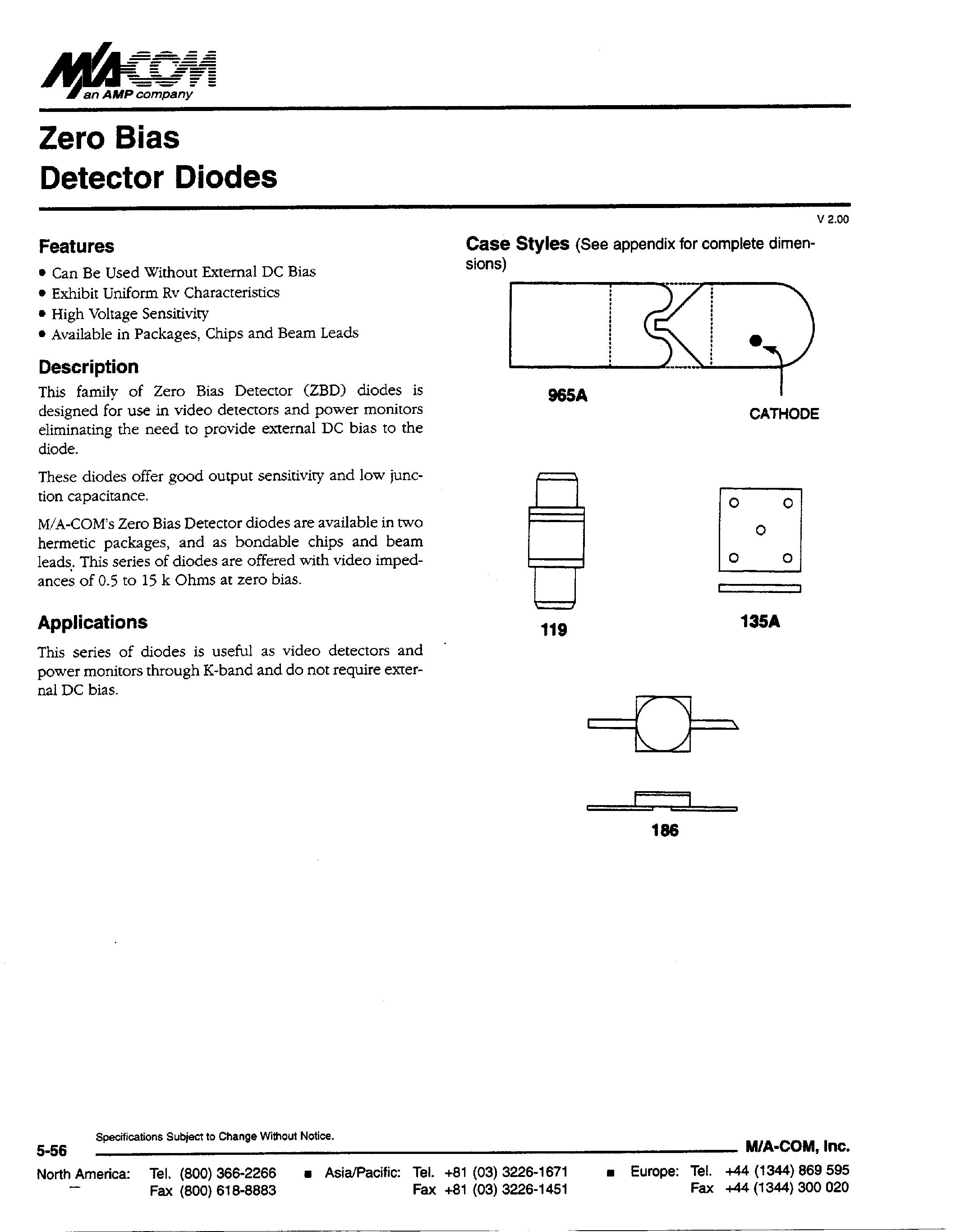 Даташит MA4E929D - Zero Bias Detector Diodes страница 1