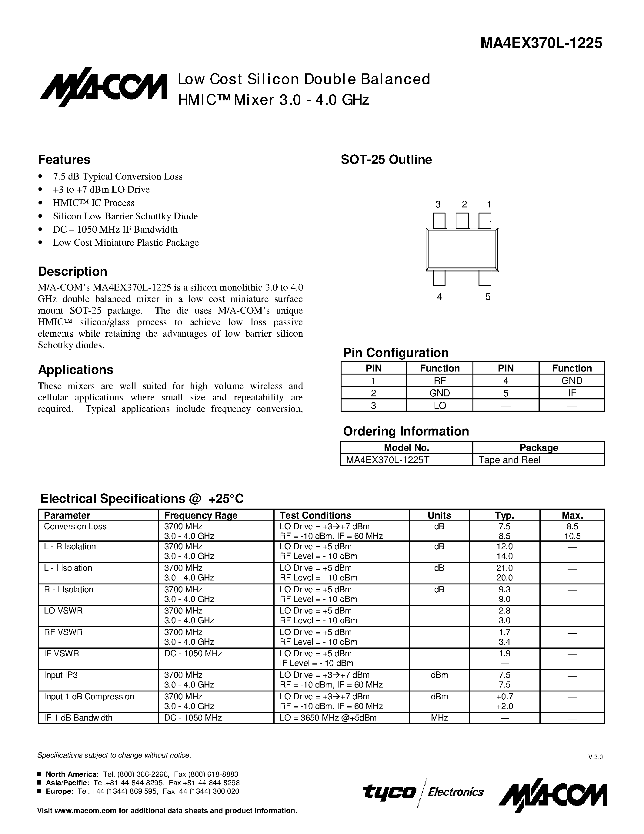 Datasheet MA4EX370L-1225 - Low Cost Silicon Double Balanced HMIC Mixer 3.0 - 4.0 GHz page 1